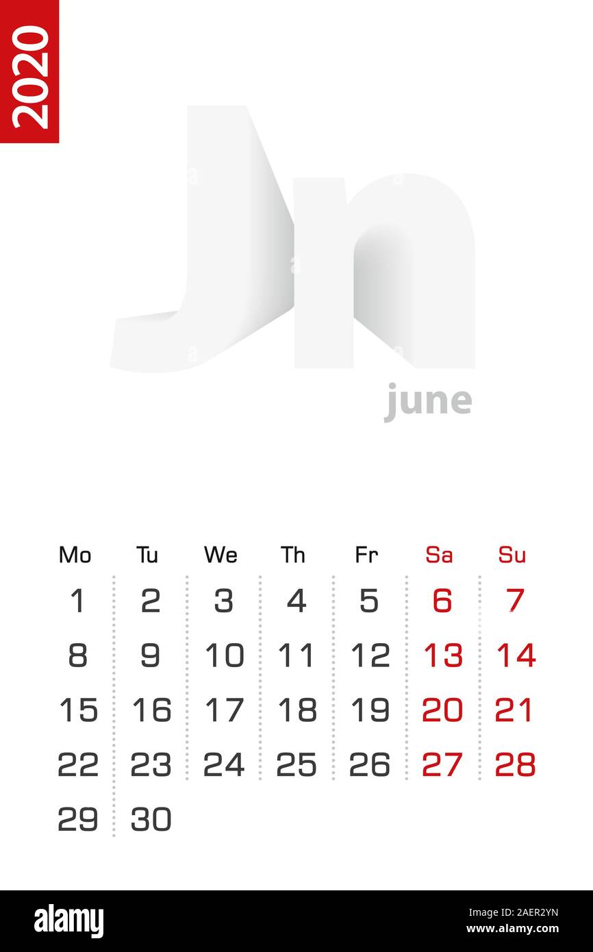 Modèle agenda minimaliste pour juin 2020, Vector calendrier dans l'anglais.  Calendrier vecteur pour 2020 Image Vectorielle Stock - Alamy