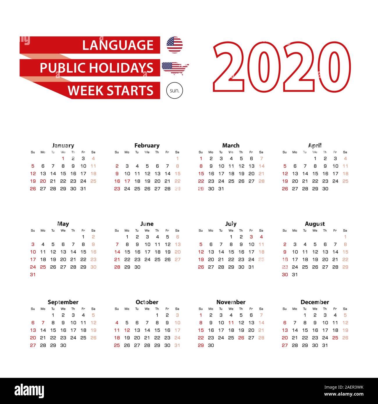 Calendrier 2020 en langue anglaise avec les jours fériés aux États-Unis d'Amérique en 2020. De début de la semaine à partir de dimanche. Vector Illustration. Illustration de Vecteur