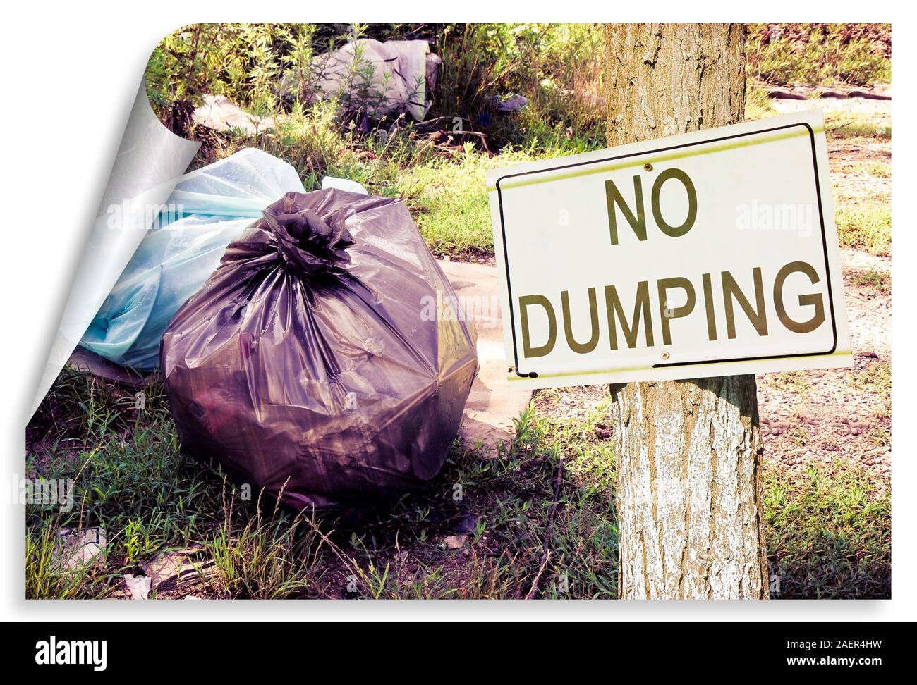 Décharges illégales dans la nature sans dumping signe indiquant dans la campagne - notion de droit. Banque D'Images