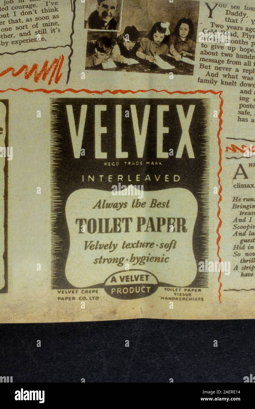 Une annonce pour le papier toilette Velvex dans le magazine Woman's Illustrated (17 juin 44): Un morceau de répliques de souvenirs de la seconde Guerre mondiale de la Grande-Bretagne des années 1940. Banque D'Images