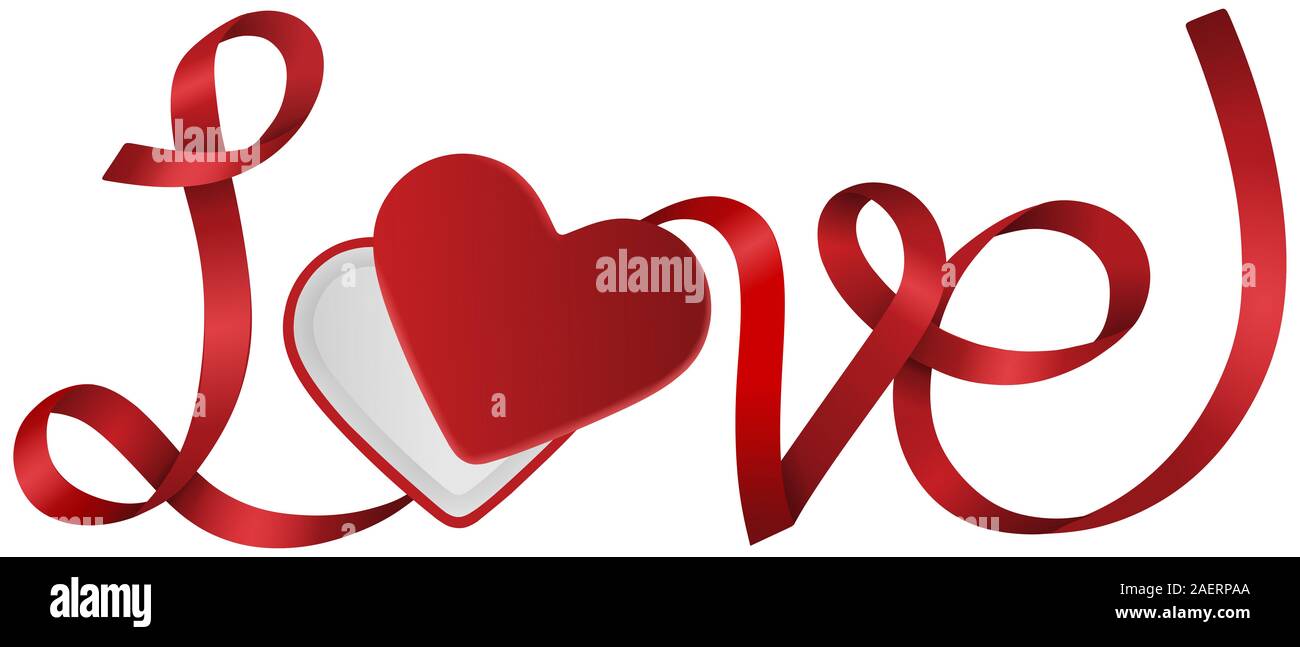 Boîte cadeau en forme de cœur avec le ruban qui compose le mot amour pour la Saint-Valentin Banque D'Images