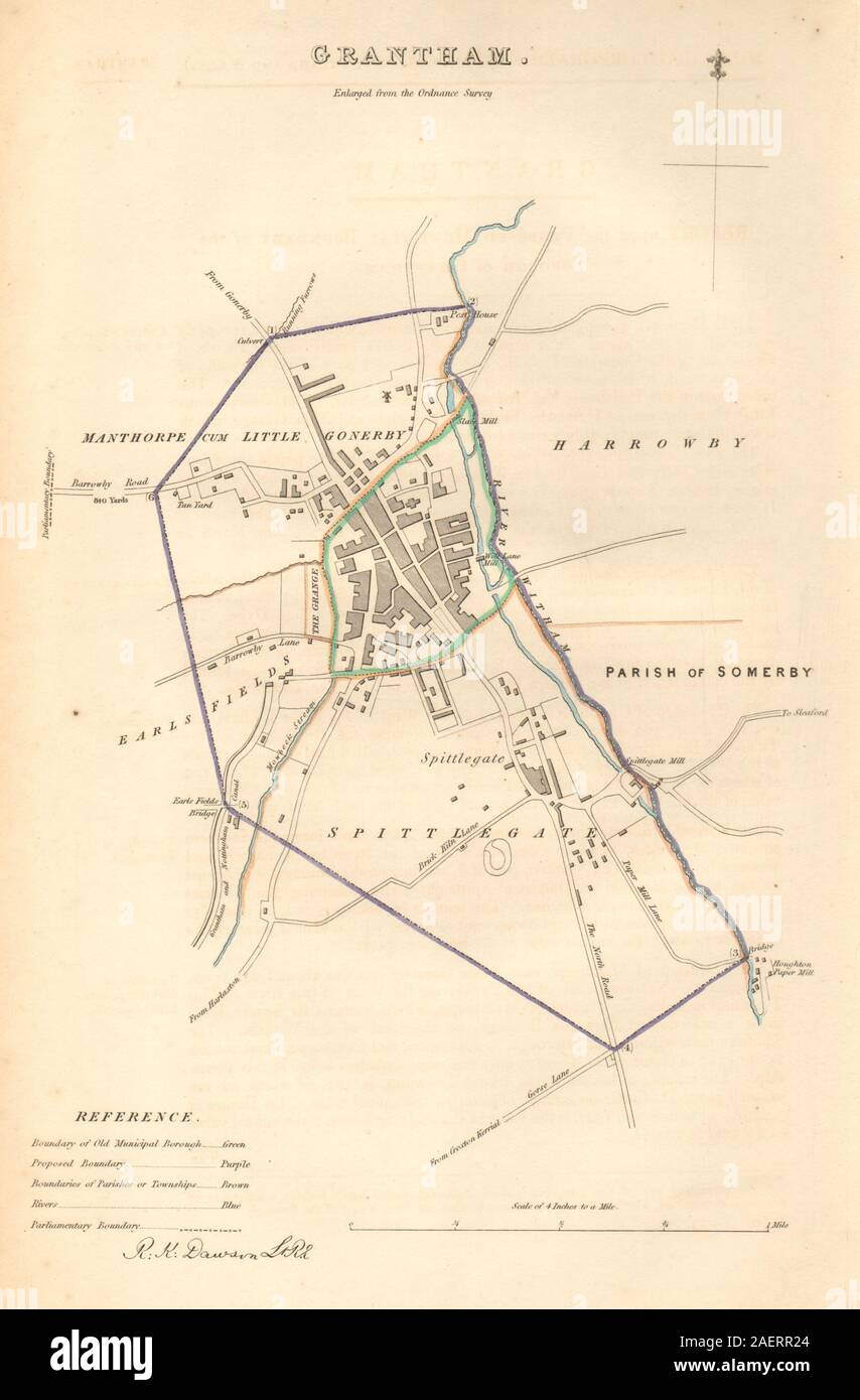 Ville/quartier GRANTHAM plan. COMMISSION DU TRACÉ. Le Lincolnshire. DAWSON 1837 map Banque D'Images