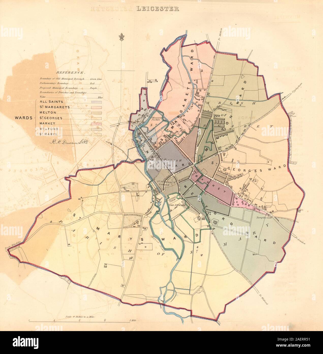 LEICESTER quartier/ville plan. COMMISSION DU TRACÉ. DAWSON 1837 carte ancienne Banque D'Images