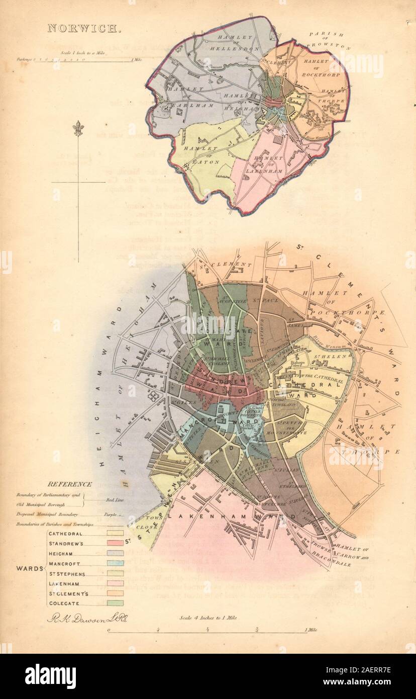NORWICH quartier/ville plan. COMMISSION DU TRACÉ. Le Norfolk. DAWSON 1837 map Banque D'Images