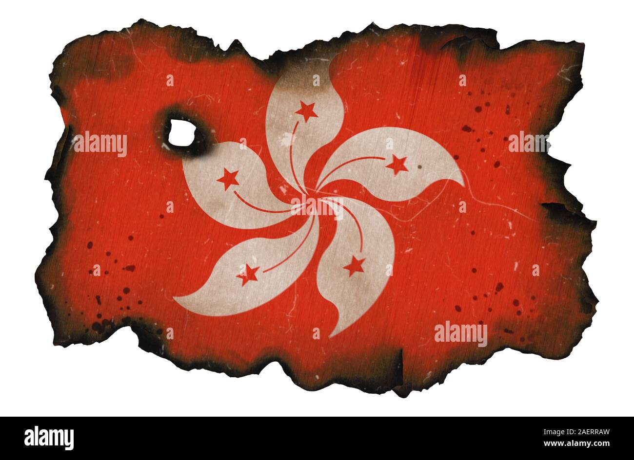 Drapeau brûlé de Hong-kong sur fond blanc isolé. Concept de protestations de Hong Kong. Bords carbonisés noirci de drapeau rouge avec arbre orchidée national fl Banque D'Images