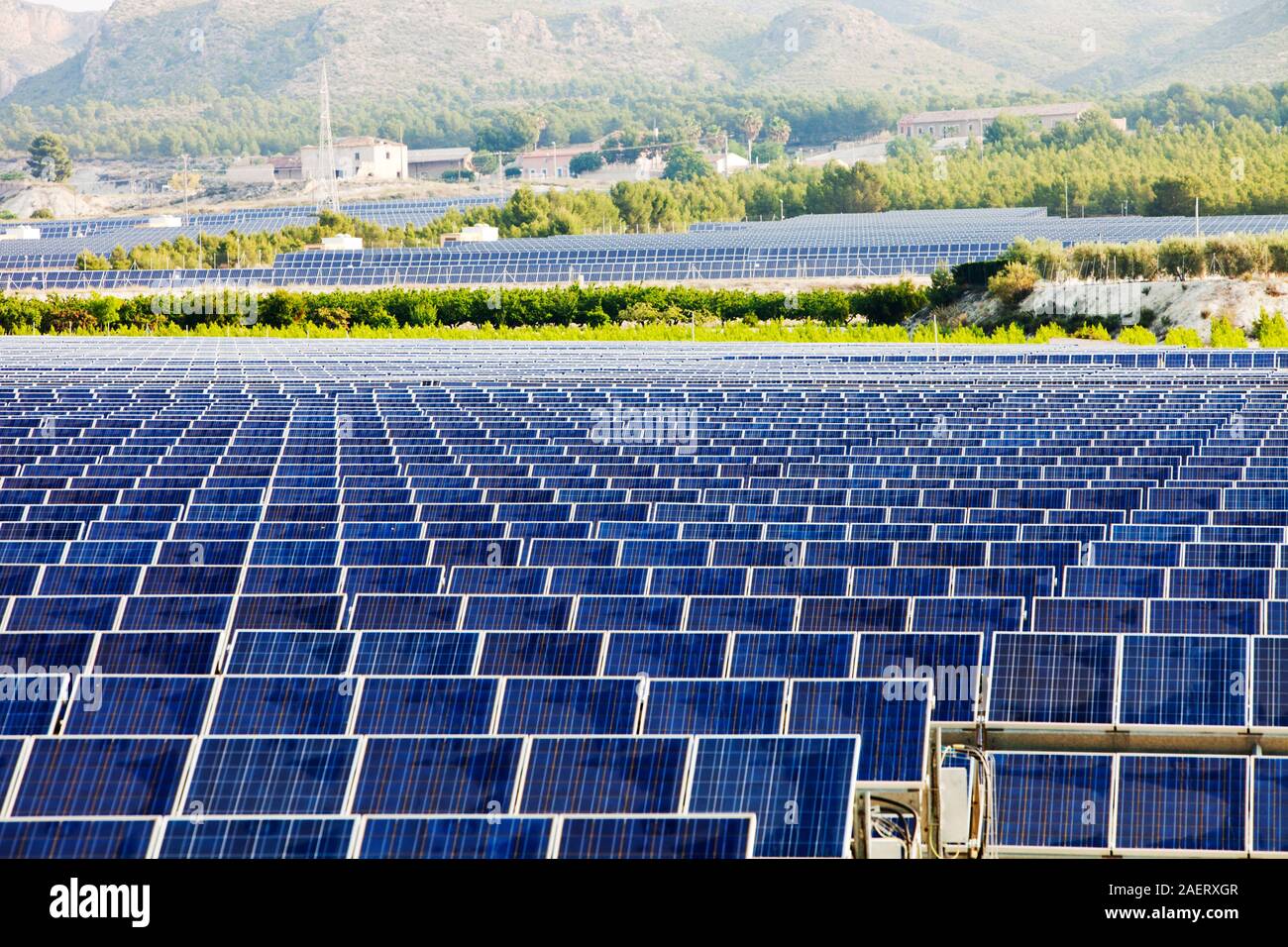 Une centrale solaire photovoltaïque près de Calasparra, Murcia, Espagne, à l'aube. Banque D'Images
