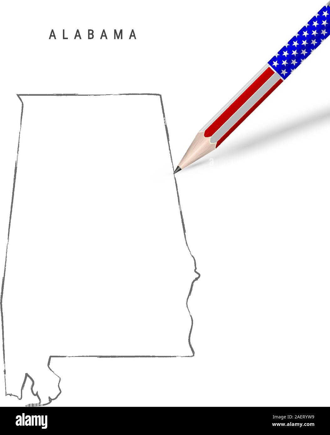 Nous l'Alabama State carte vectorielle esquisse au crayon. Aperçu de l'Alabama avec carte contour crayon 3D en couleurs drapeau américain. Dessin libre, vecteur ske dessiné à la main Illustration de Vecteur