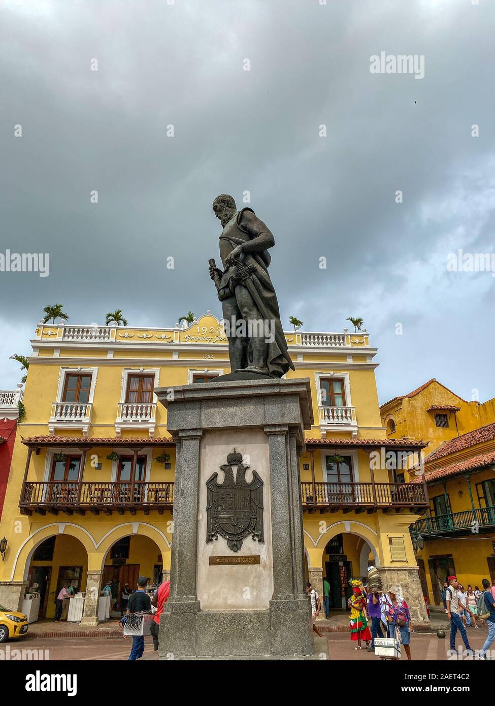 Colombie-britannique/Cartagena-11/5/19 : une statue de la ville fondateur, Pedro de Heredia à Cartagena, Colombie sur la place de la vieille ville. Banque D'Images