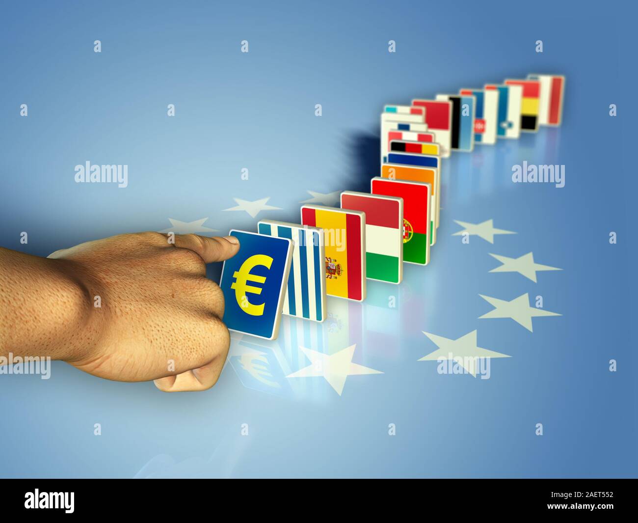 Les drapeaux des pays de la Communauté européenne est devenue pièces domino, prêt à tomber avec leur monnaie. Illustration numérique. Banque D'Images