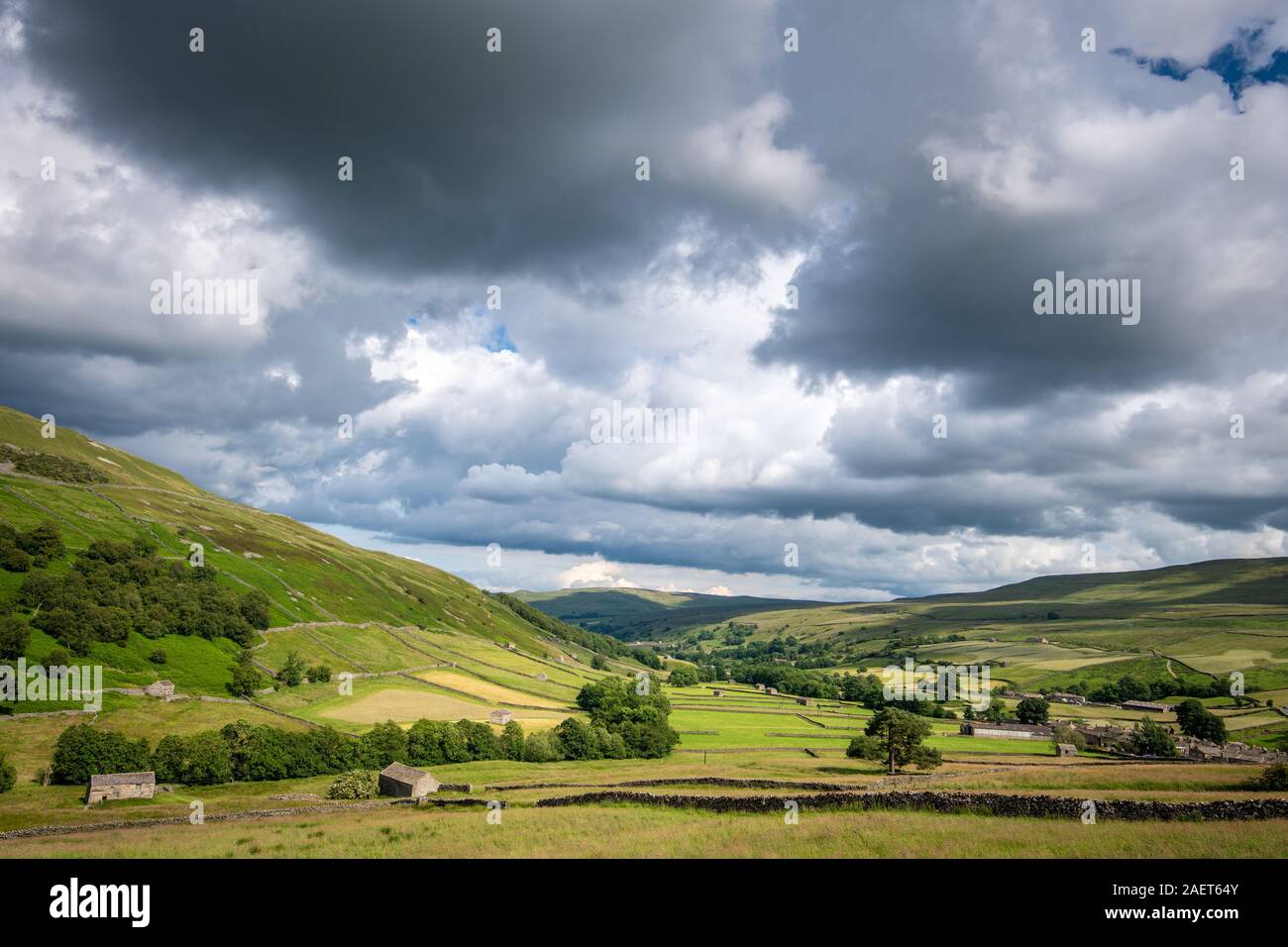 Les structures en pierre dot les champs des Yorkshire Dales, Yorkshire, Royaume-Uni. Banque D'Images