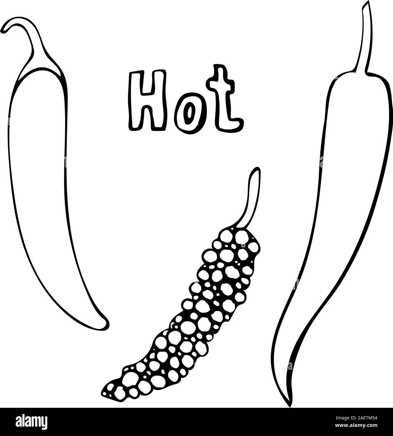 Jeu de vector hand drawn contours Chili Peppers. Contour noir doodle illustration dans l'art de la ligne de style. Croquis de ferme et légumes du jardin. Con isolé Illustration de Vecteur