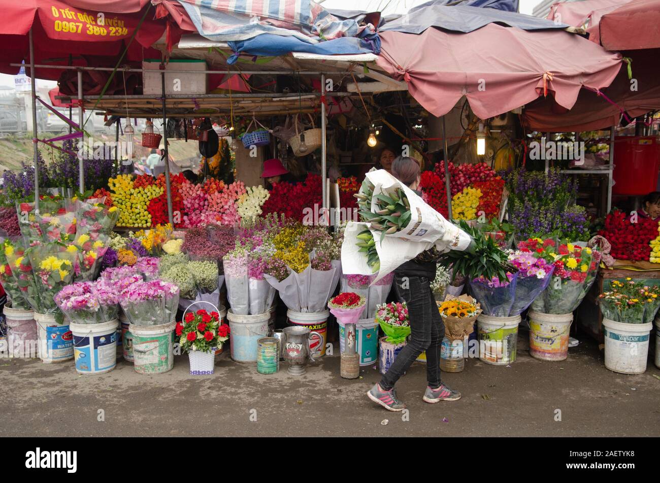 Un vendeur vend des fleurs sur son étal sur un marché aux fleurs à Hanoi, Vietnam Banque D'Images