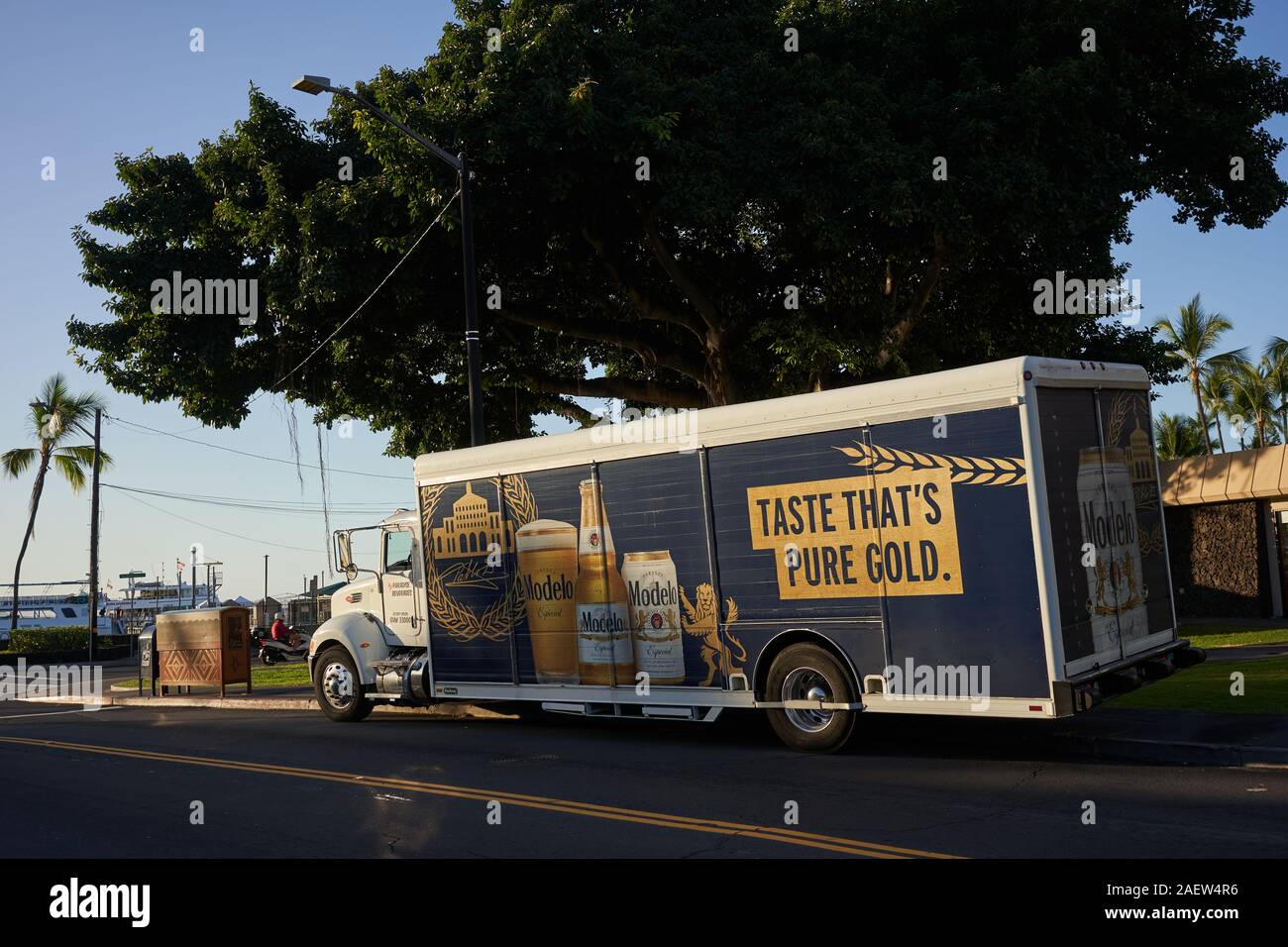 Un camion de livraison de bière Modelo est vu stationné au bord de la route à l'embarcadère de Kailua-Kona sur la Grande île, Hawaï, le vendredi 29 novembre 2019. Banque D'Images
