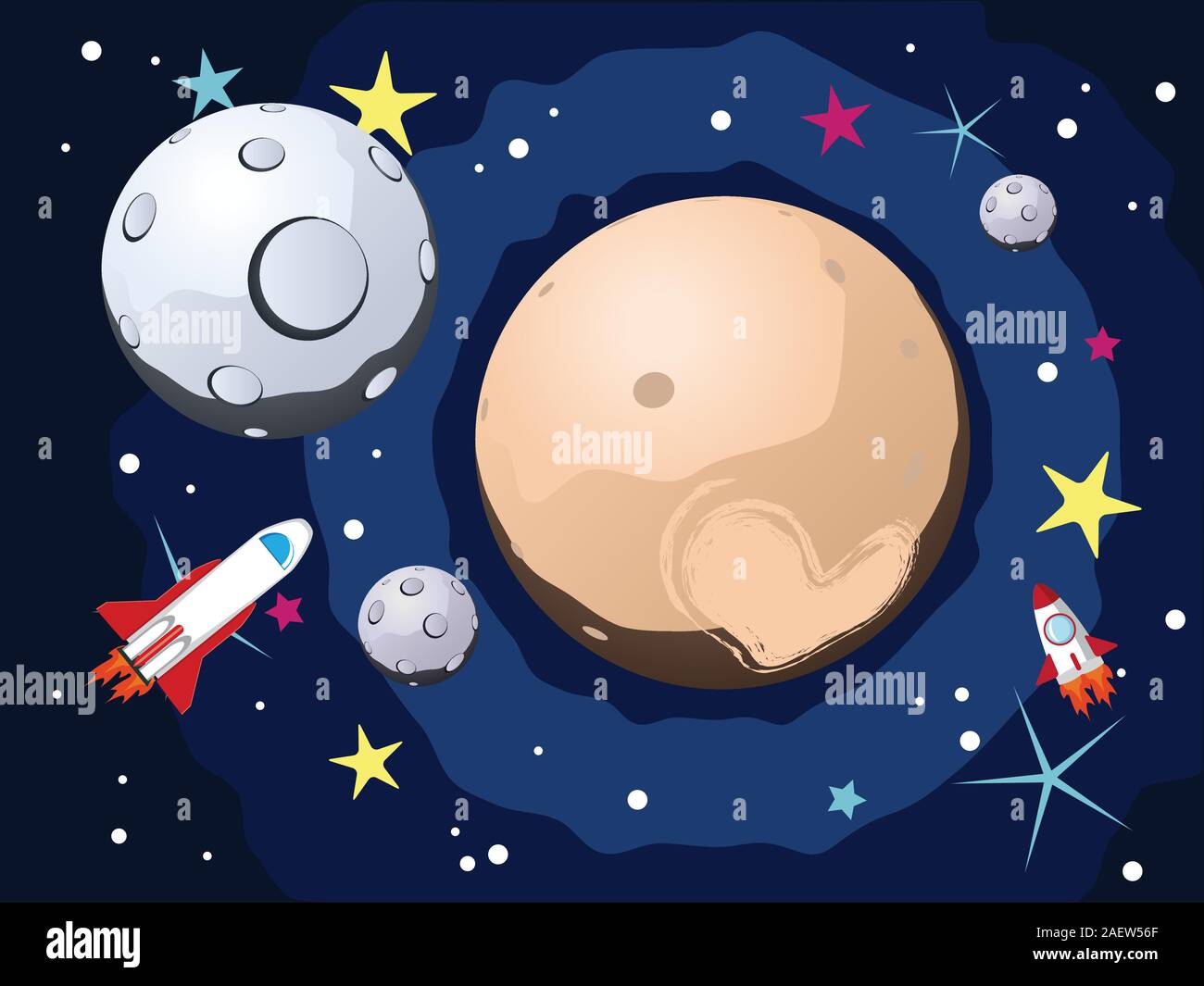 Pluton planète avec les satellites et les vaisseaux spatiaux. Illustration de Vecteur