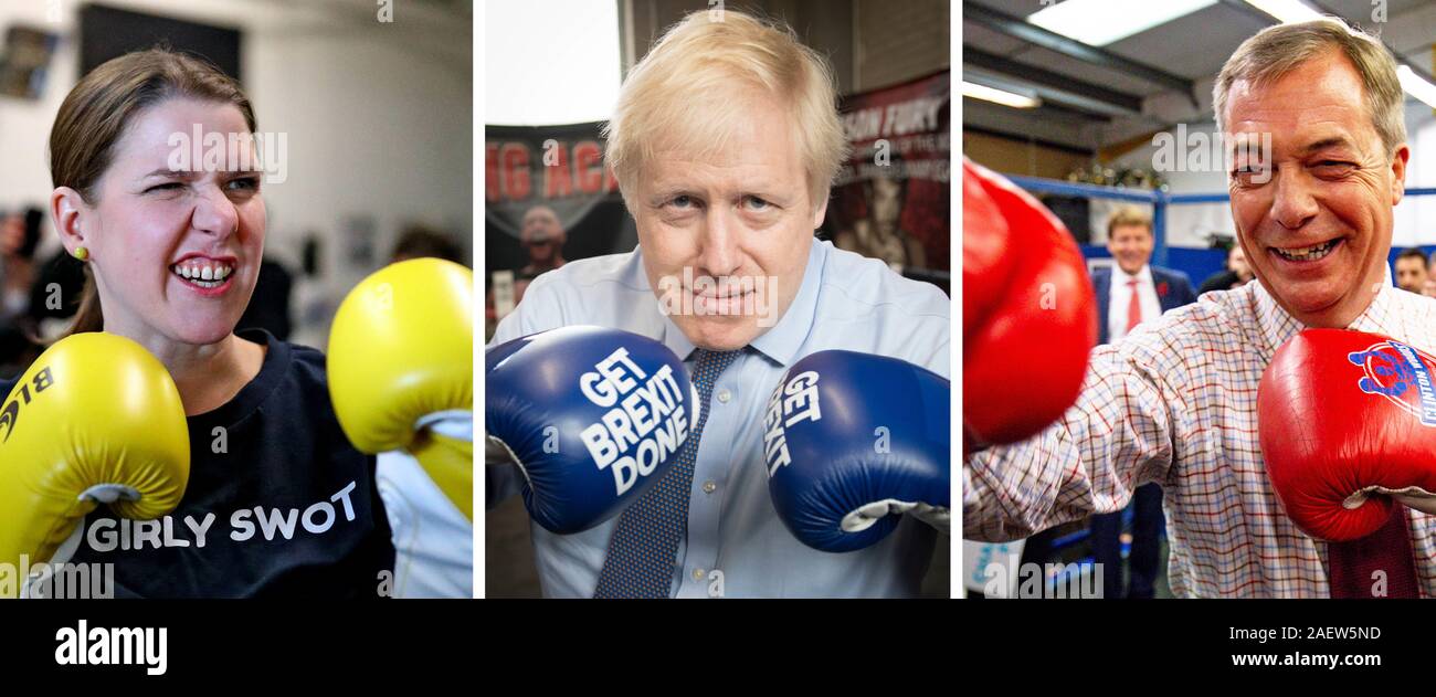 PA Examen de l'élection générale 2019 photos de composite (de gauche à droite), chef des démocrates libéraux Jo Swinson, Premier ministre Boris Johnson et Brexit Nigel Farage chef de parti dans le ring. Banque D'Images