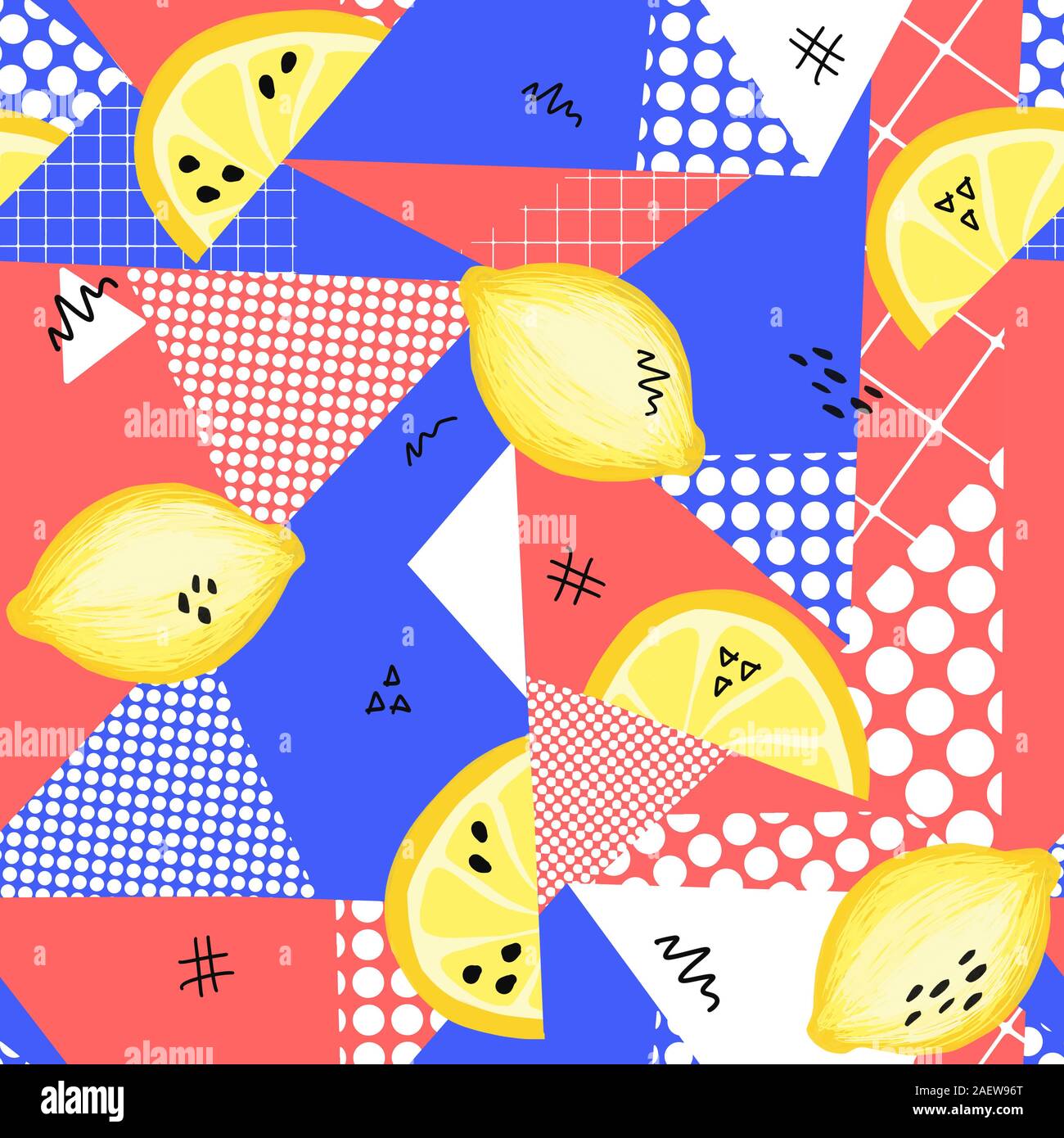 Citrons Pop Art collage triangle arrière-plan transparent. Rouge, bleu, jaune et blanc avec motif fruits répétant contemporain hand drawn citrons et citron Banque D'Images