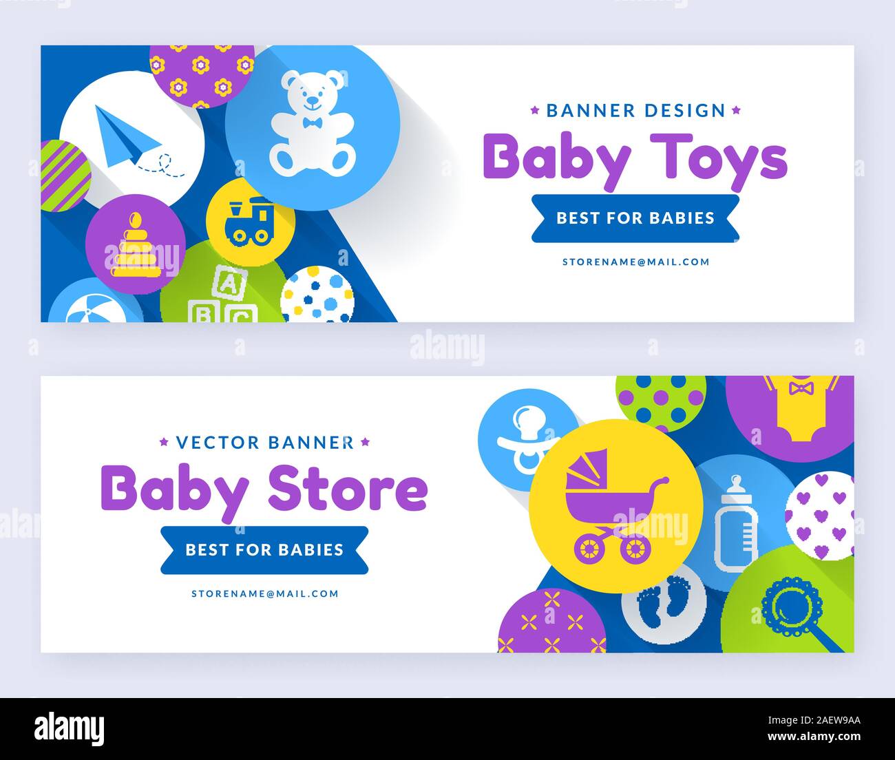 Bannières de bébé. Vector web templates. Étiquettes horizontales fixées pour les enfants ou les achats en ligne magasins offres. Illustration de Vecteur