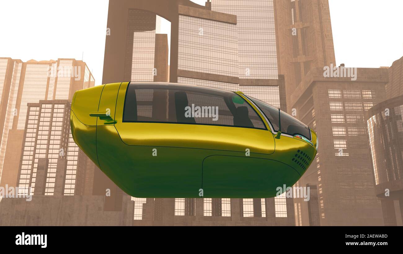 L'avenir autonome des véhicules électriques en ville Coucher du soleil 3D Illustration Banque D'Images