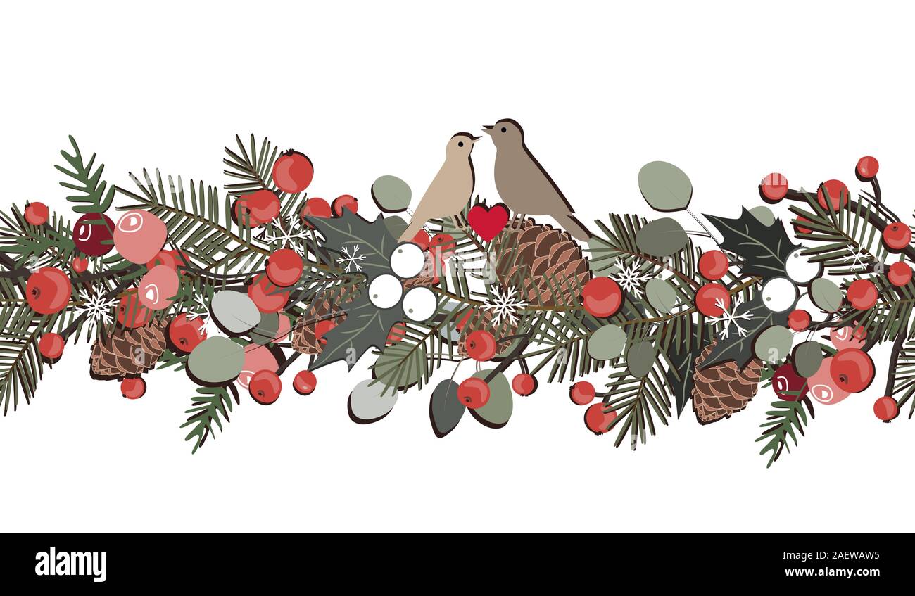 Guirlande transparente Noël avec sapin branches, petits fruits, plantes, d'eucalyptus et des pommes de pin. Frontière vacances isolé sur fond blanc. Illustration de Vecteur