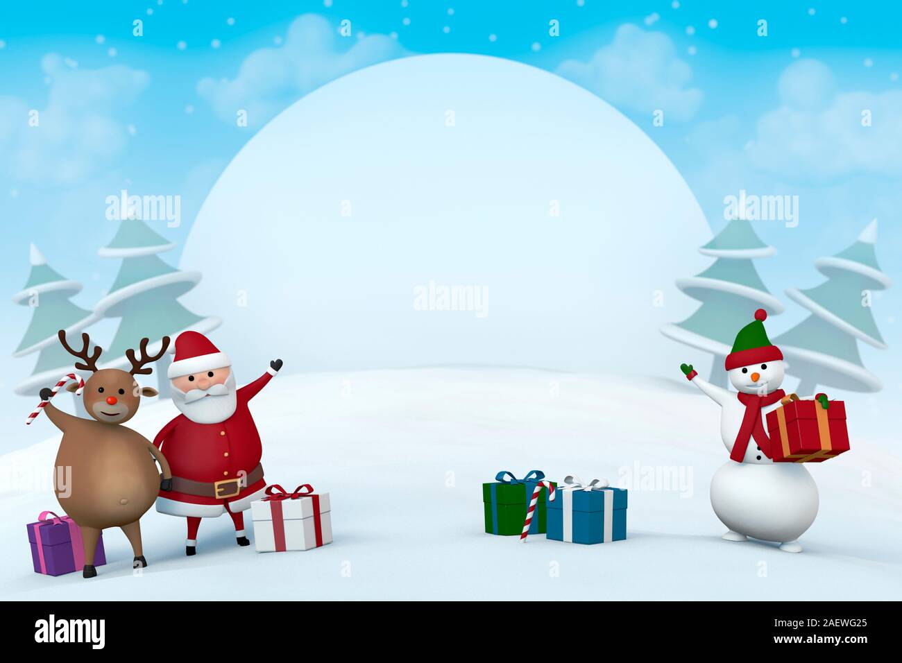 Le Père Noël, un renne et un bonhomme en montrant un signe dans un paysage d'hiver enneigé. Banque D'Images