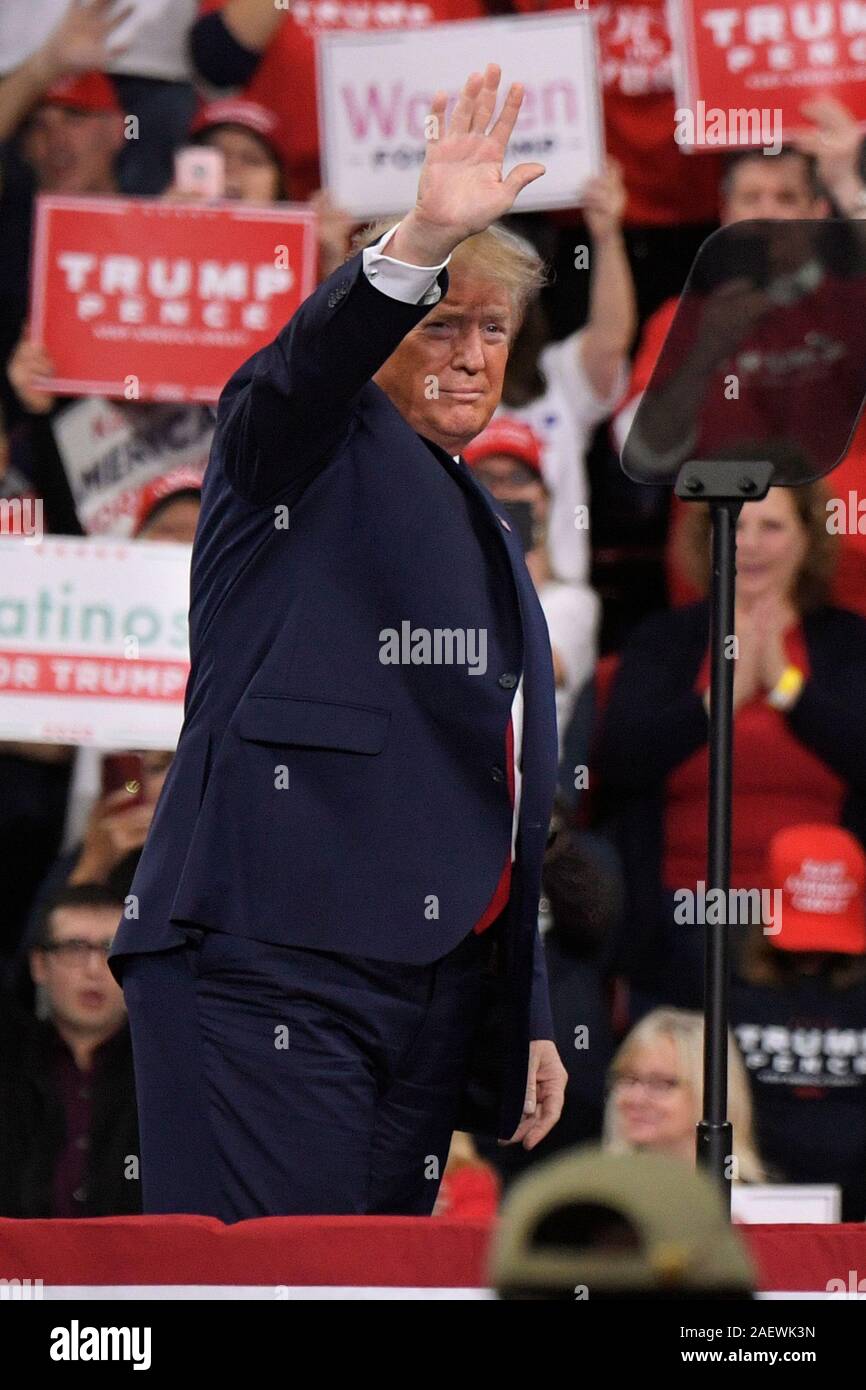 HERSHEY, PA - 10 décembre : le président américain Donald Trump assiste à un rassemblement électoral le 10 décembre 2019 à Giant Center à Hershey, en Pennsylvanie. Banque D'Images