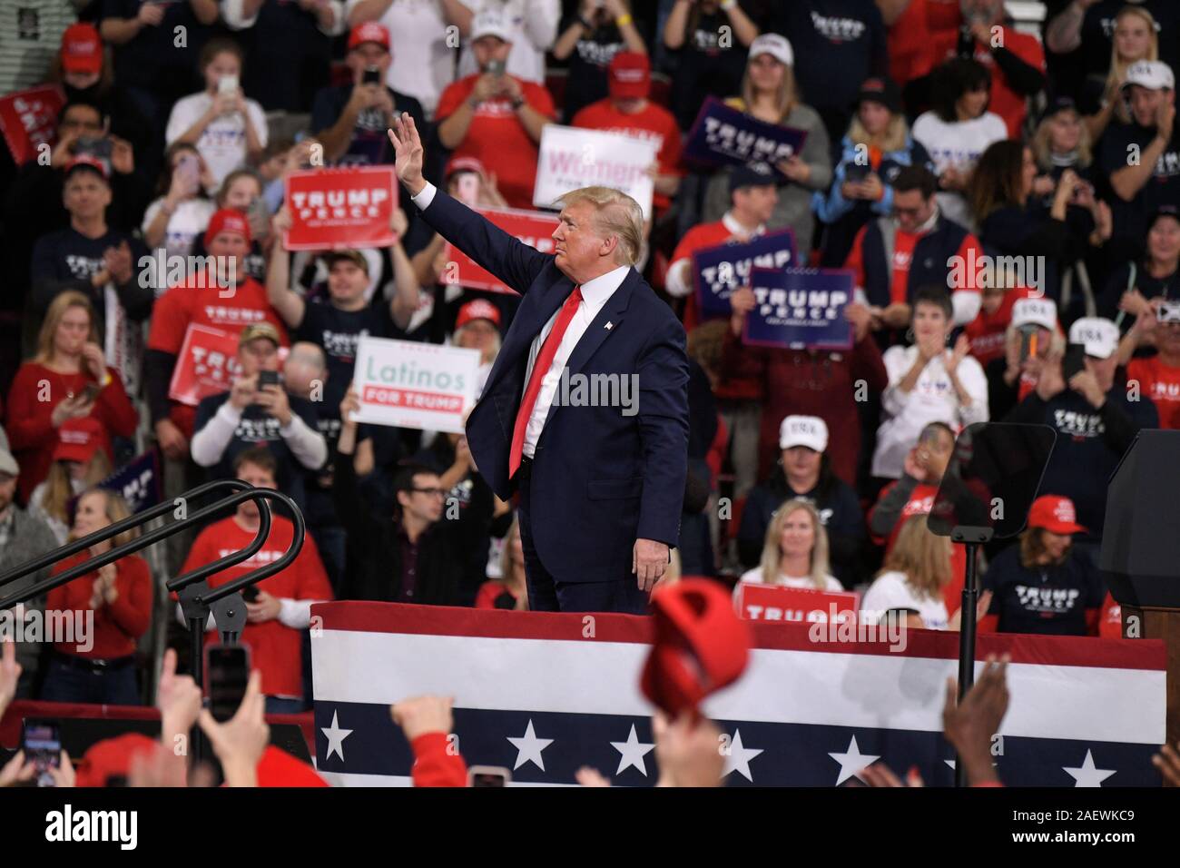 HERSHEY, PA - 10 décembre : le président américain Donald Trump assiste à un rassemblement électoral le 10 décembre 2019 à Giant Center à Hershey, en Pennsylvanie. Banque D'Images