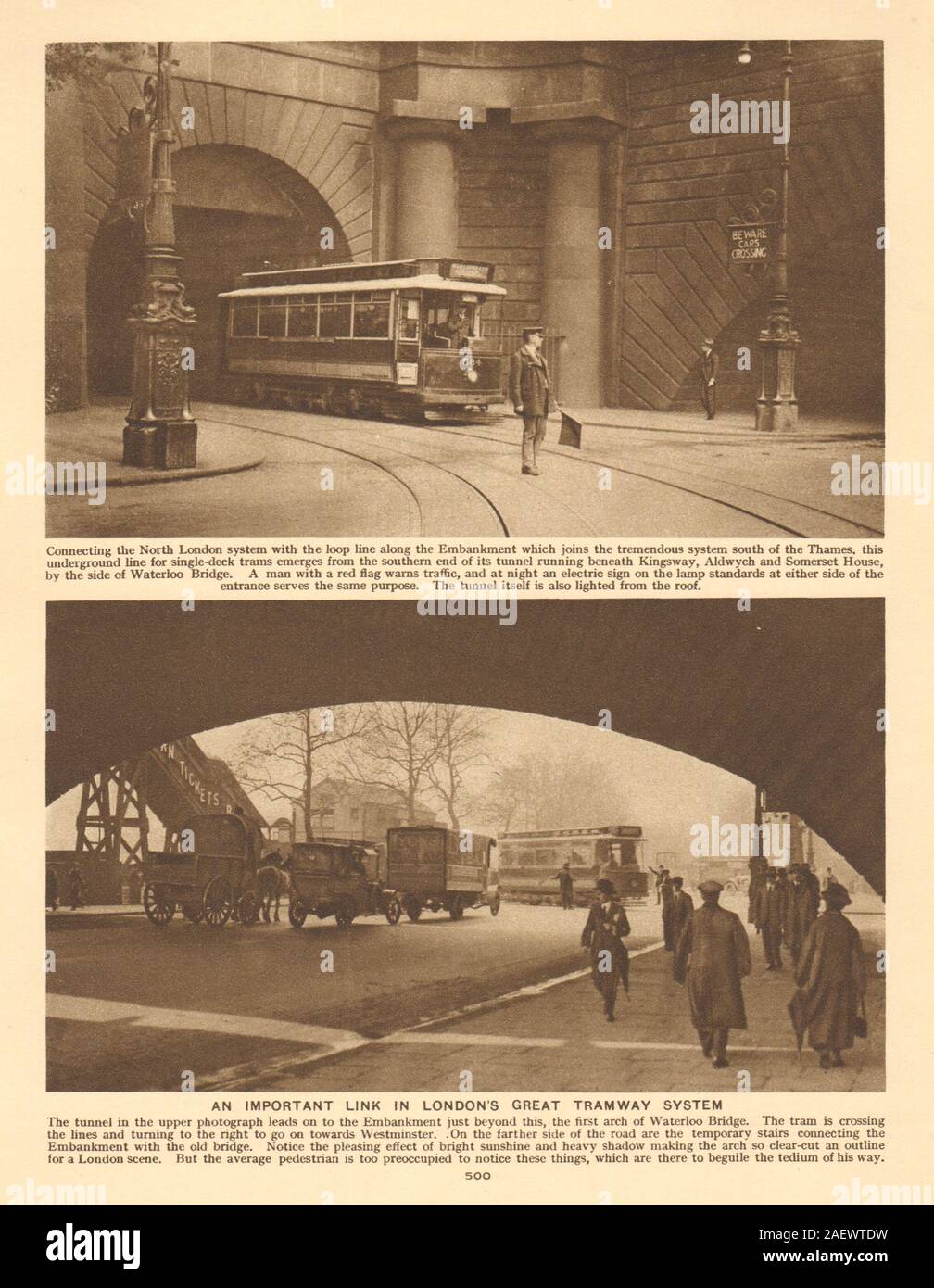 Volet Original tramway passage sortie sur l'Embankment par Waterloo Bridge 1926 Banque D'Images