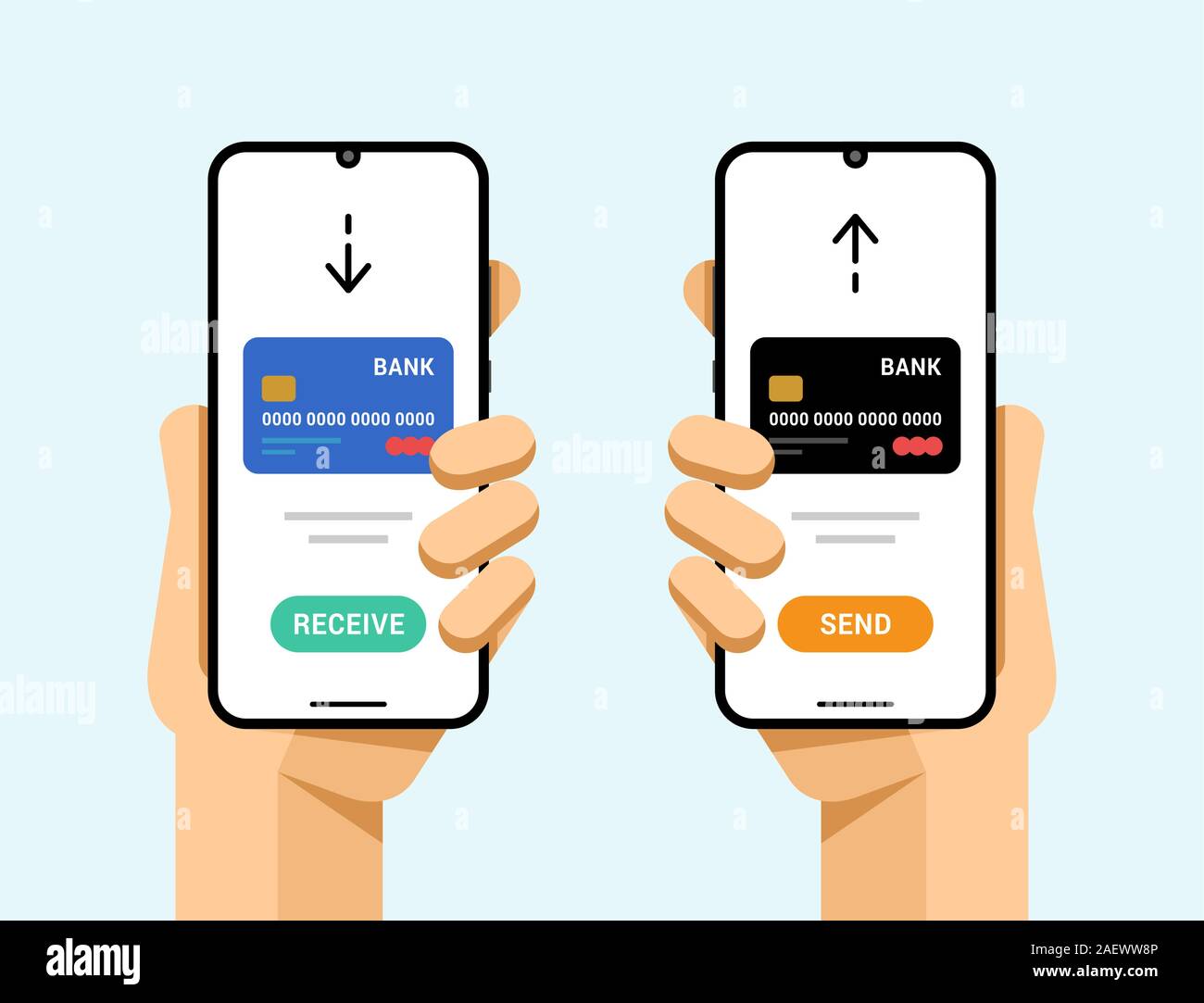 Smartphones avec transaction de carte de crédit. Envoyer et recevoir de l'argent. L'application de porte-monnaie électronique Illustration de Vecteur