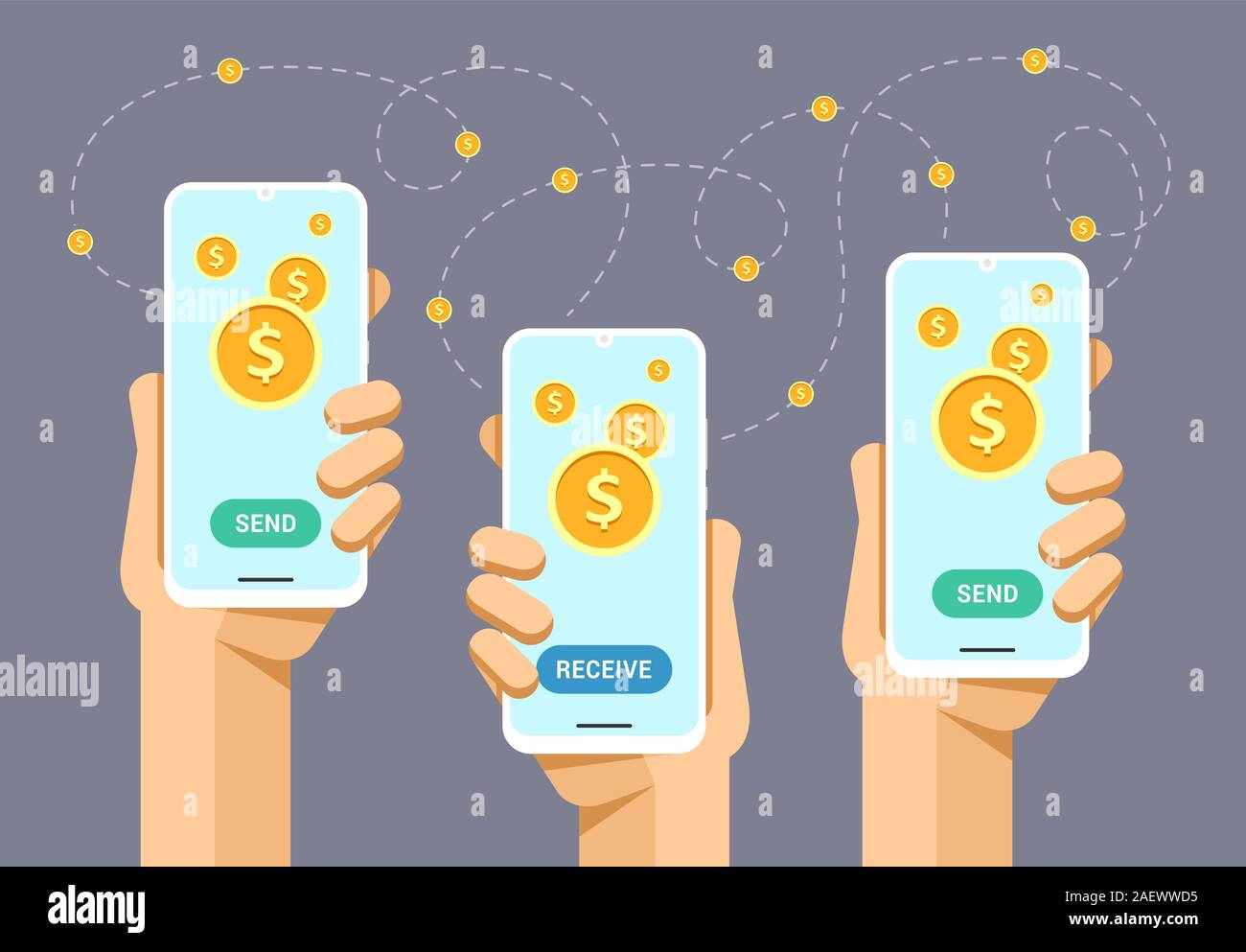 Maquette du smartphone dans la main de l'homme. Envoyer et recevoir de l'argent finances fonctionnement. Télévision vecteur illustration technologique colorés Illustration de Vecteur
