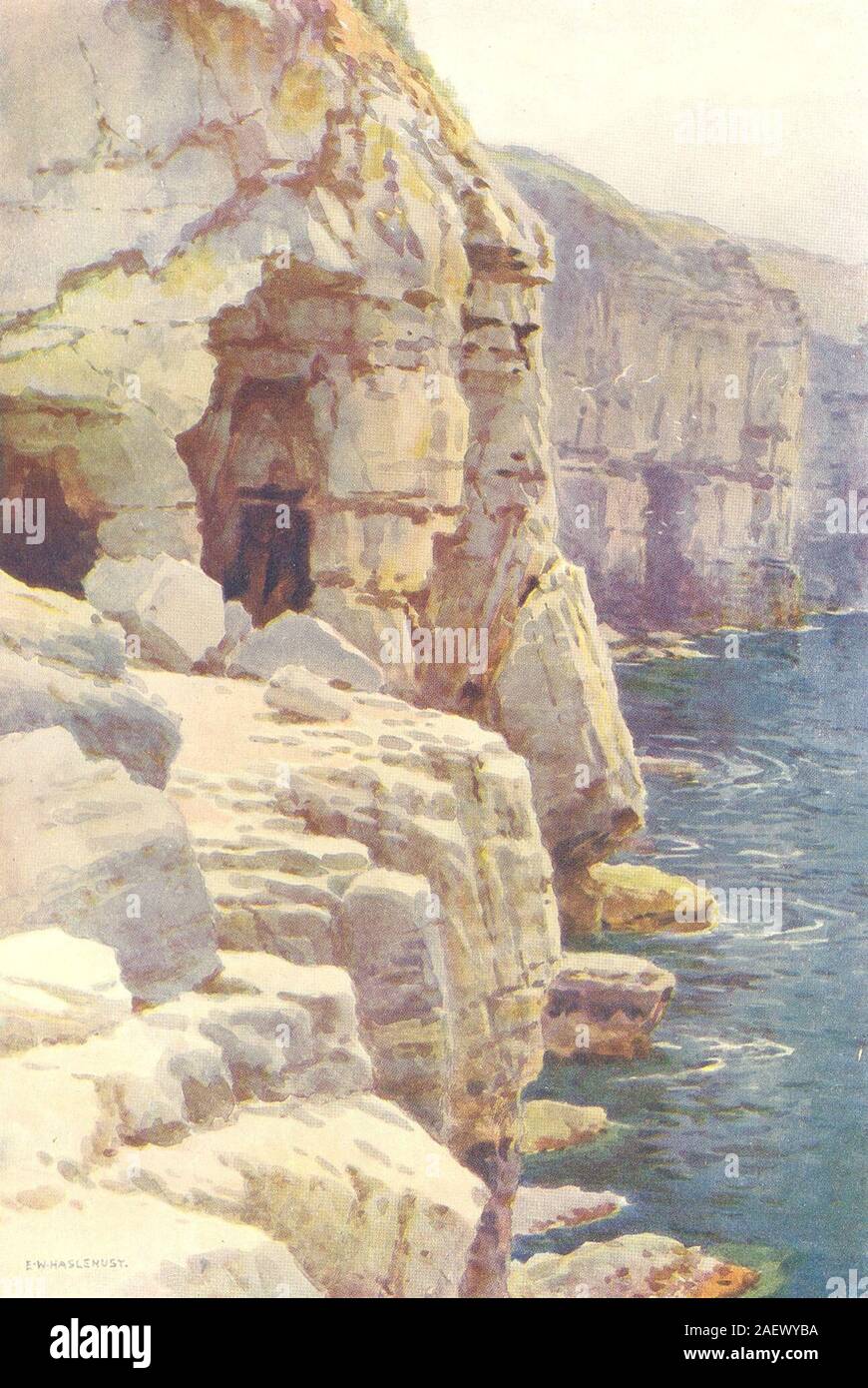 Tilly Caprice des grottes, Swanage. Le Dorset. Par Ernest Haslehust 1920 old vintage print Banque D'Images