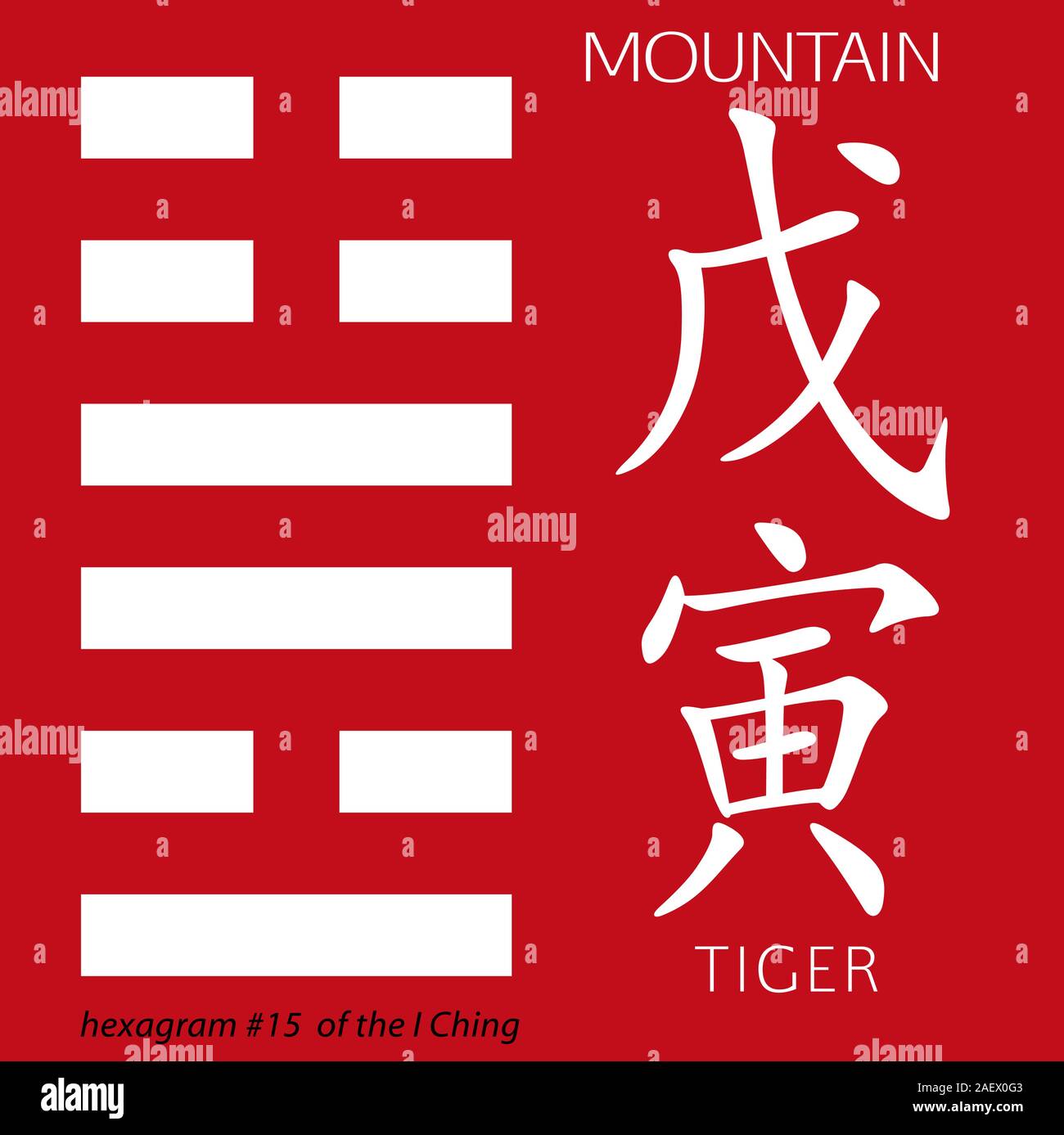 Symbole de l'I Ching hexagramme du chinois hiéroglyphes. Traduction des 12 signes du zodiaque le feng shui d'hiéroglyphes- mountain et tigre. Illustration de Vecteur