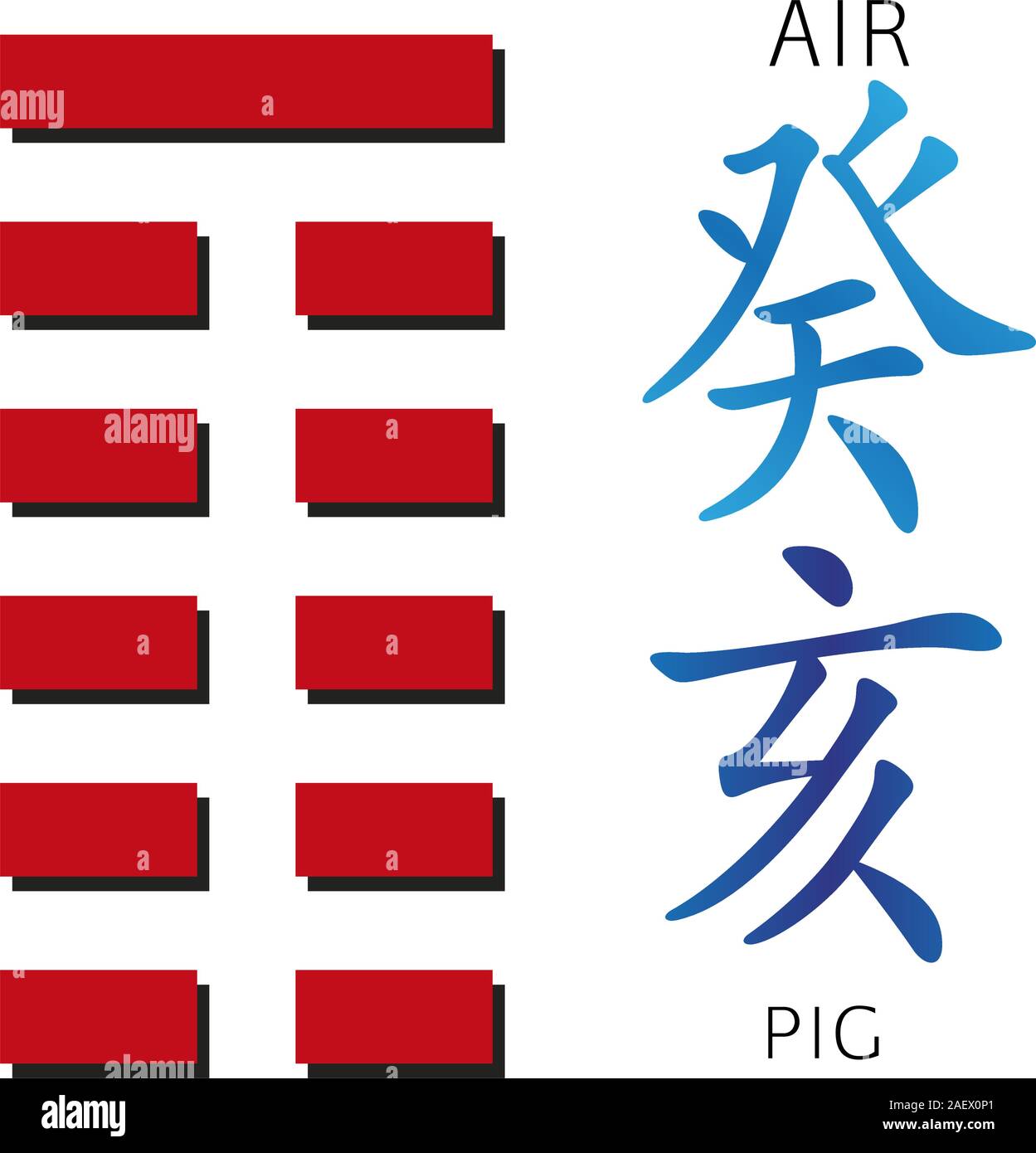 Symbole de l'I Ching hexagramme du chinois hiéroglyphes. Traduction des 12 signes du zodiaque le feng shui d'hiéroglyphes- air et le cochon. Illustration de Vecteur