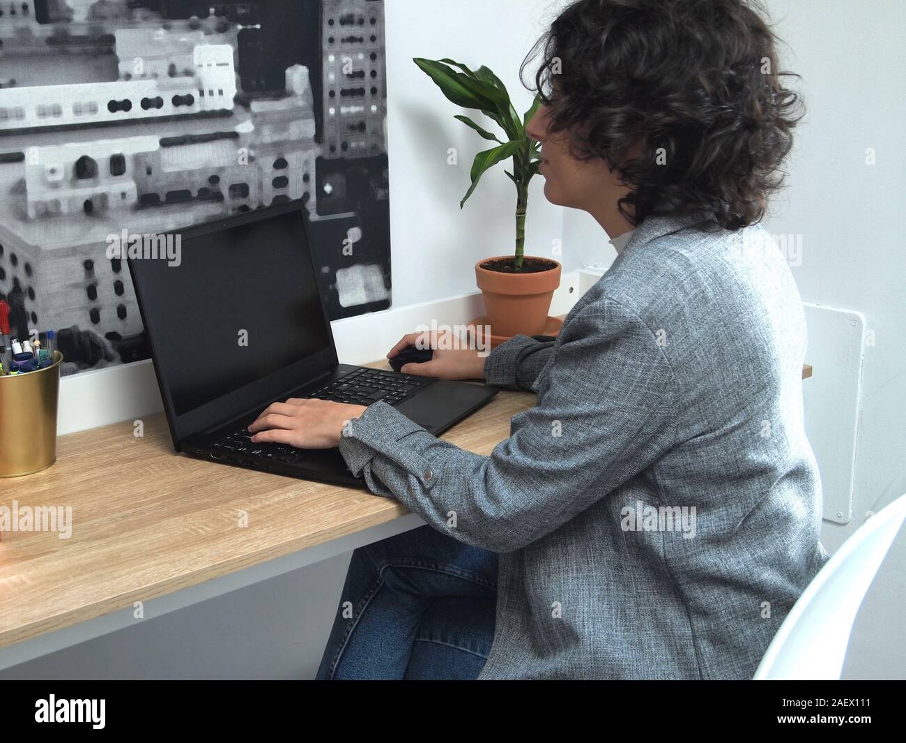 Entreprise moderne caucasian woman travaillant sur son ordinateur portable. Elle travaille de chez elle, en ligne. Entrepreneur. Banque D'Images
