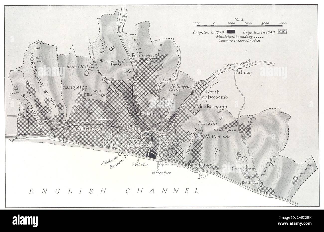 Le Sussex. Le soulagement de Brighton. En 1779, en 1949. Carte RGS 1949 old vintage Banque D'Images