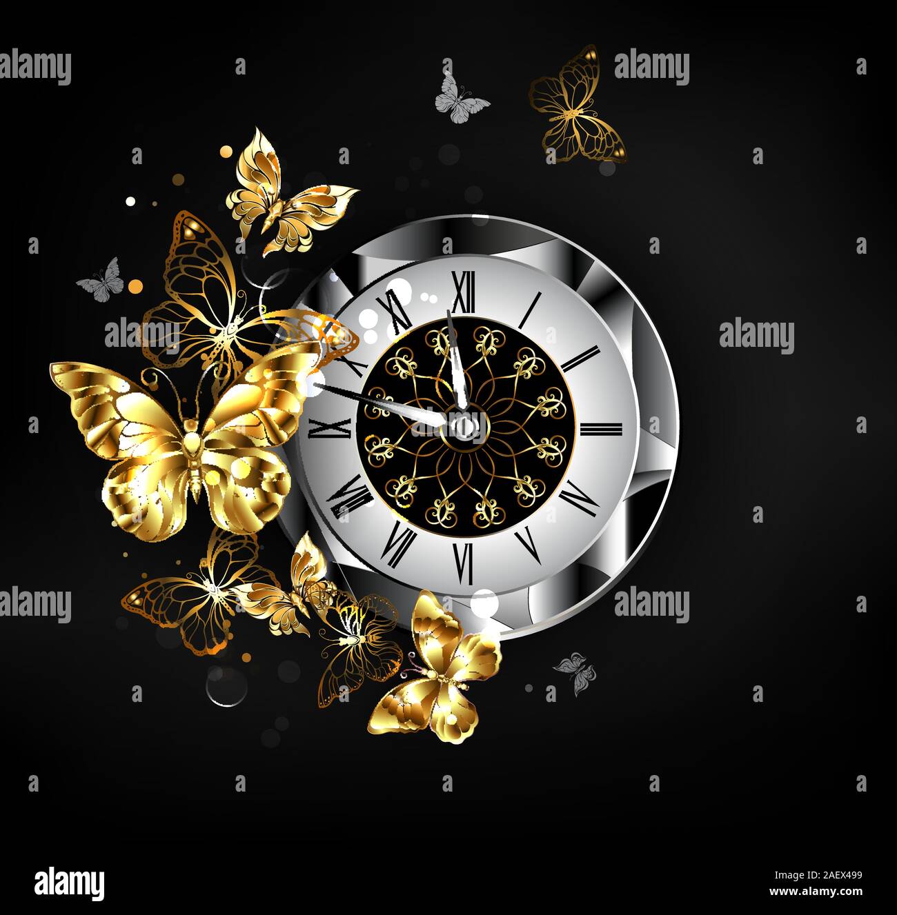 Horloge ancienne, agrémentées de cadran, chiffres romains noirs, avec le vol de l'or, des bijoux papillons sur fond noir. Illustration de Vecteur