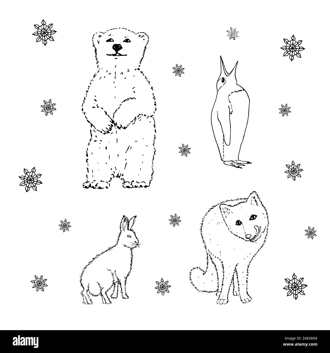 Ensemble d'hiver nordique animaux : l'ours, le pingouin, le lapin, le renard. Contour noir sur fond blanc. Photo peut être utilisé dans les cartes de vœux, affiches, flyers, bannières, logo, conception d'illustration vectorielle, etc.. EPS10 Illustration de Vecteur Ensemble d'hiver nordique animaux : l'ours, le pingouin, le lapin, le renard. Contour noir sur fond blanc. Photo peut être utilisé dans les cartes de vœux, affiches, flyers, bannières, logo, conception d'illustration vectorielle, etc.. EPS10 Illustration de Vecteur