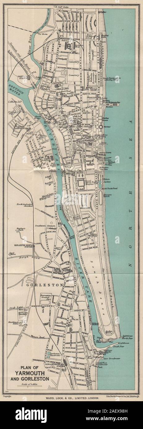 YARMOUTH ET vintage de GORLESTON ville plan. Le Norfolk. WARD LOCK 1950 carte ancienne Banque D'Images