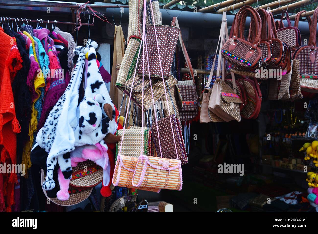 Close up d'un magasin affichant de variétés locales d'artisanat tels que des sacs, des châles dans Elephant falls de Shillong pour la vente, l'accent sélective Banque D'Images