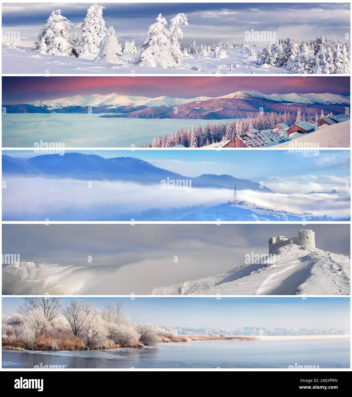 Collage d'hiver avec 5 différents paysages de Noël pour des bannières. Banque D'Images