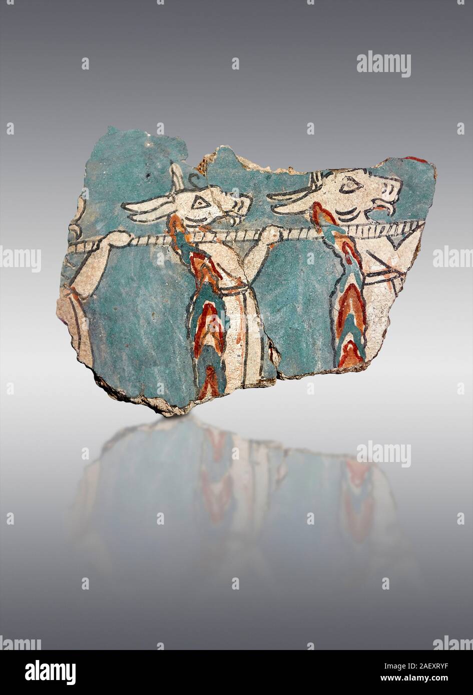 Peinture murale fresque mycénienne de la chasse des démons, Mycènes Grèce Acropole, Cat no 2665. Musée Archéologique National, Athènes. Le fond gris Banque D'Images