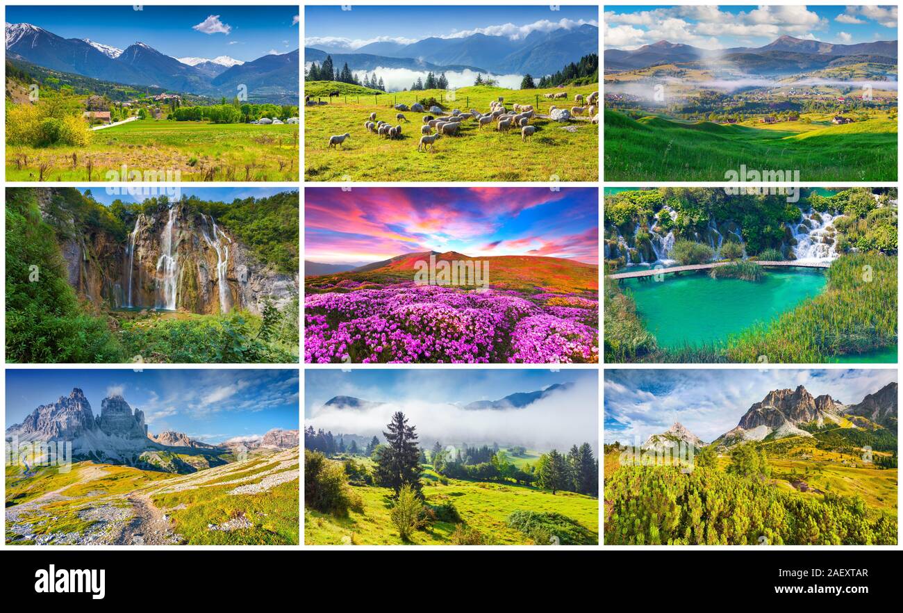 Collage avec 9 paysages d'été colorés. Banque D'Images