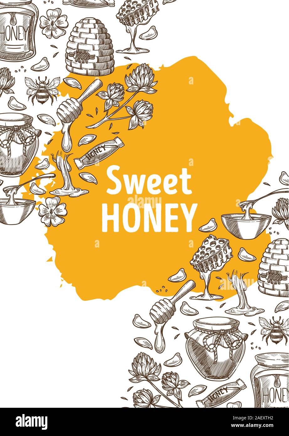 Bannière au miel avec des illustrations à la main et teinté jaune Illustration de Vecteur