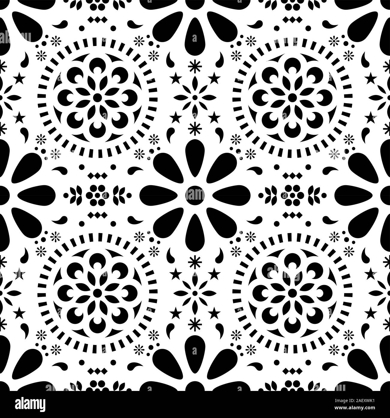 Motif floral seamless vector mexicain traditionnel, folk art design carrelage noir et blanc Illustration de Vecteur