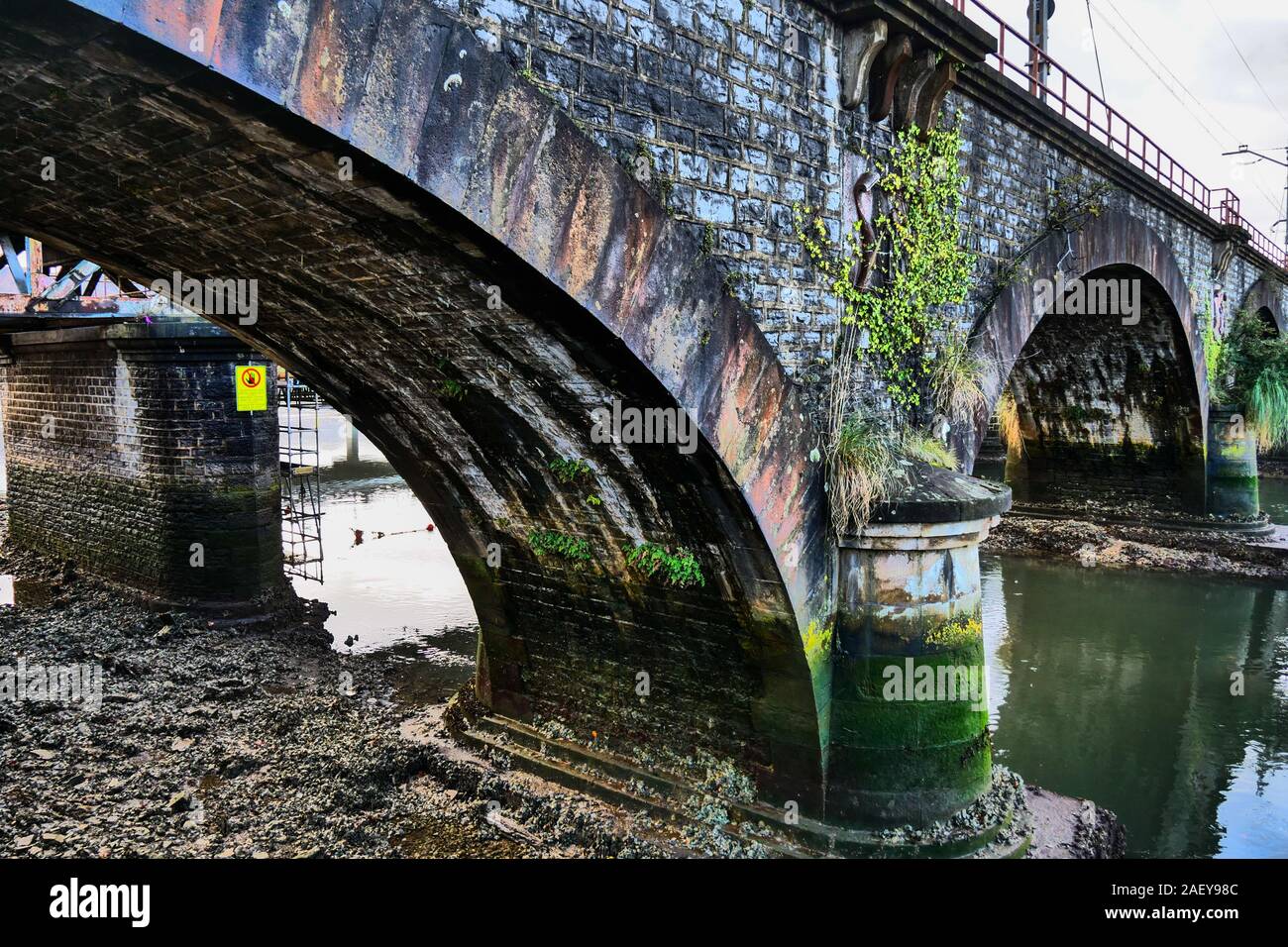 Pont de chemin de fer traversant la rivière Bidassoa, Hendaye, Pyrénées-Atlantiques, France Banque D'Images