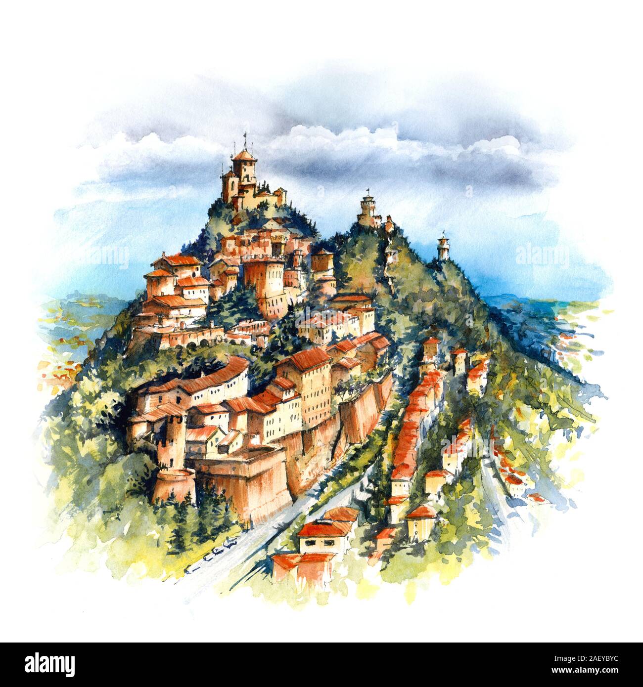 Aquarelle de la vieille ville et trois forteresses célèbre tour Guaita, Cesta et Montale au sommet du mont Titano, République de Saint-Marin Banque D'Images
