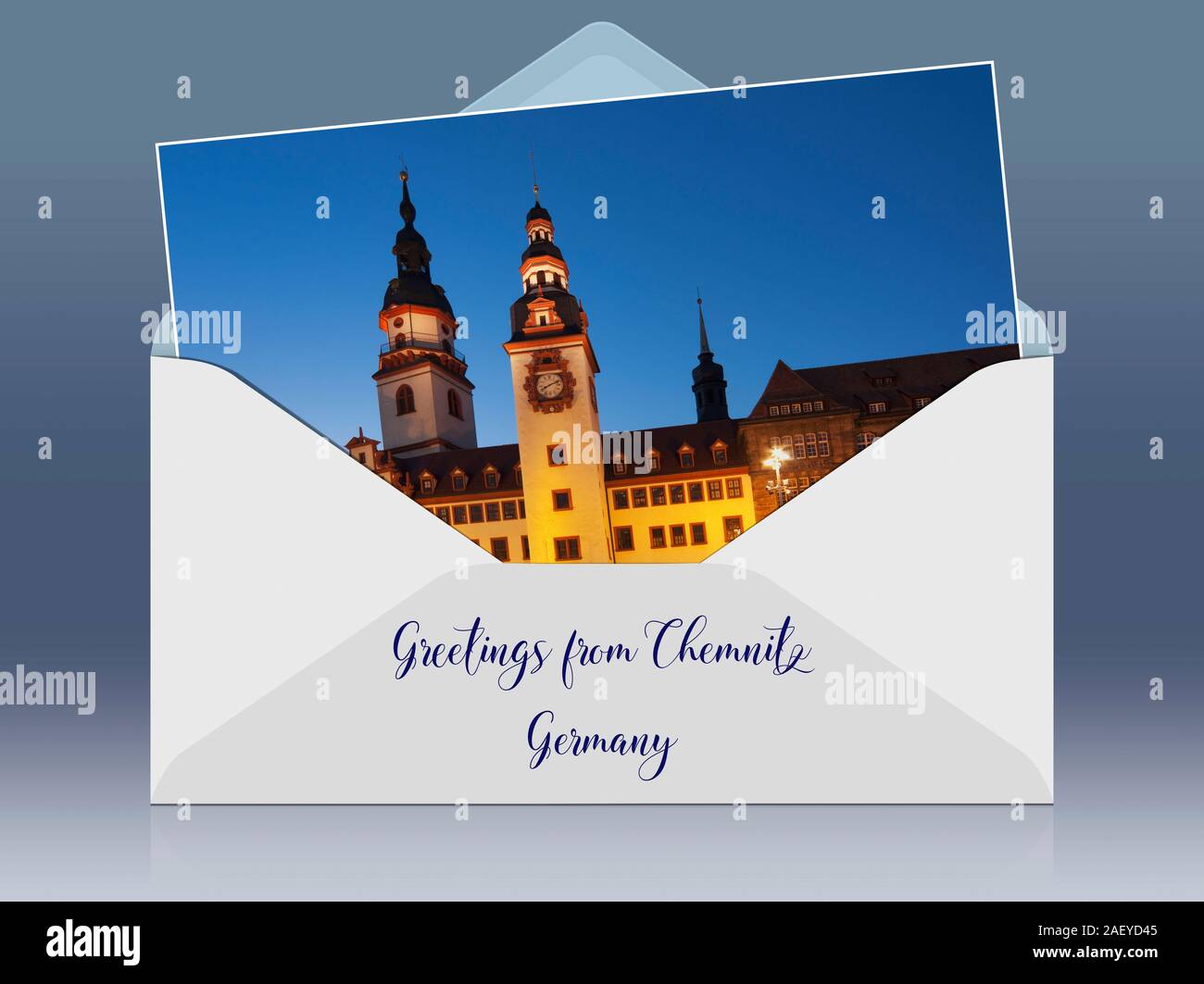 Une enveloppe avec une photo et les salutations de légende. 1496 à 1498 construction ancien Guildhall, style gothique tardif, Chemnitz, Saxe, Allemagne, Europe Banque D'Images