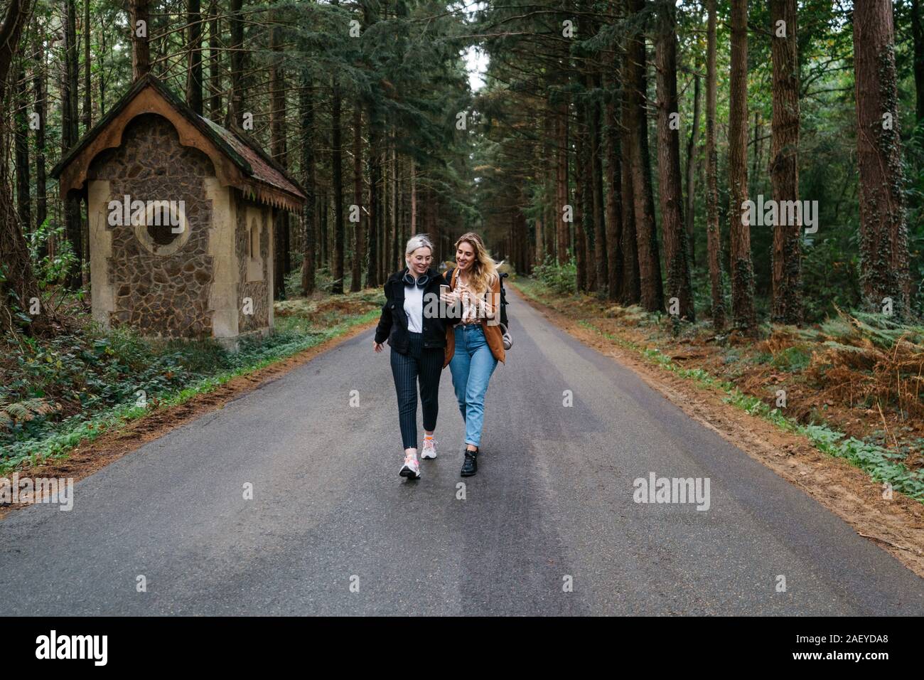 Deux femmes marchant sur une route dans la forêt tout en regardant son téléphone Banque D'Images