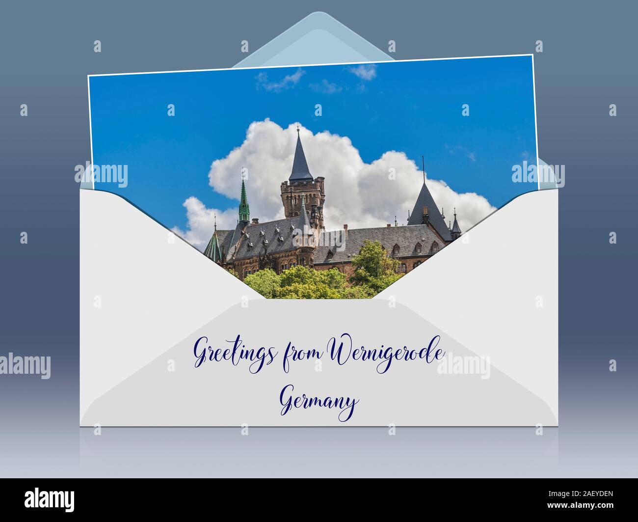 Une enveloppe avec une photo et les salutations de légende. Château de Wernigerode, Harz, Saxe-Anhalt, Allemagne, Europe Banque D'Images