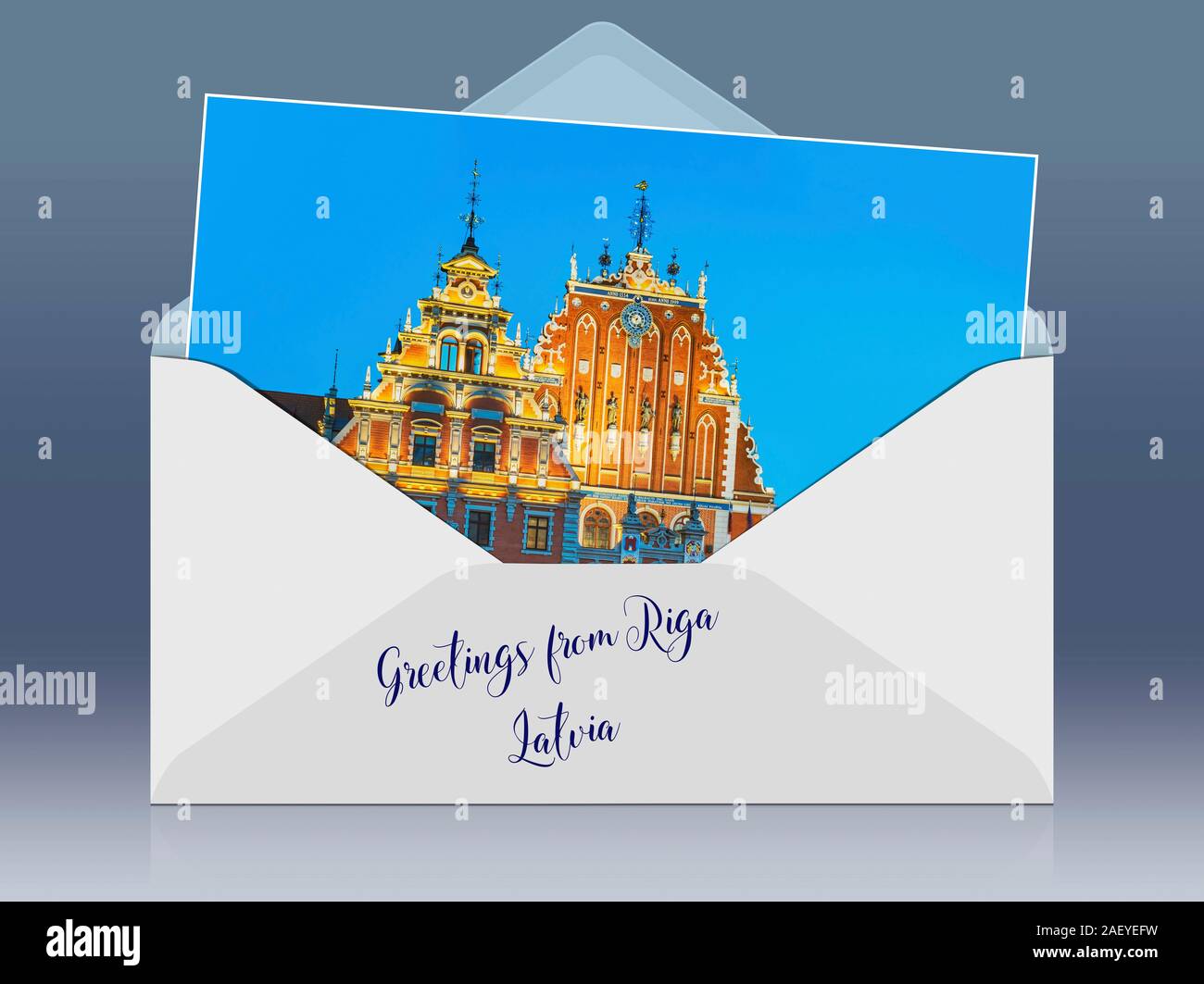 Une enveloppe avec une photo et les salutations de légende. La Maison des Têtes Noires (Melngalvju nams) à Riga, Lettonie,Europe Banque D'Images