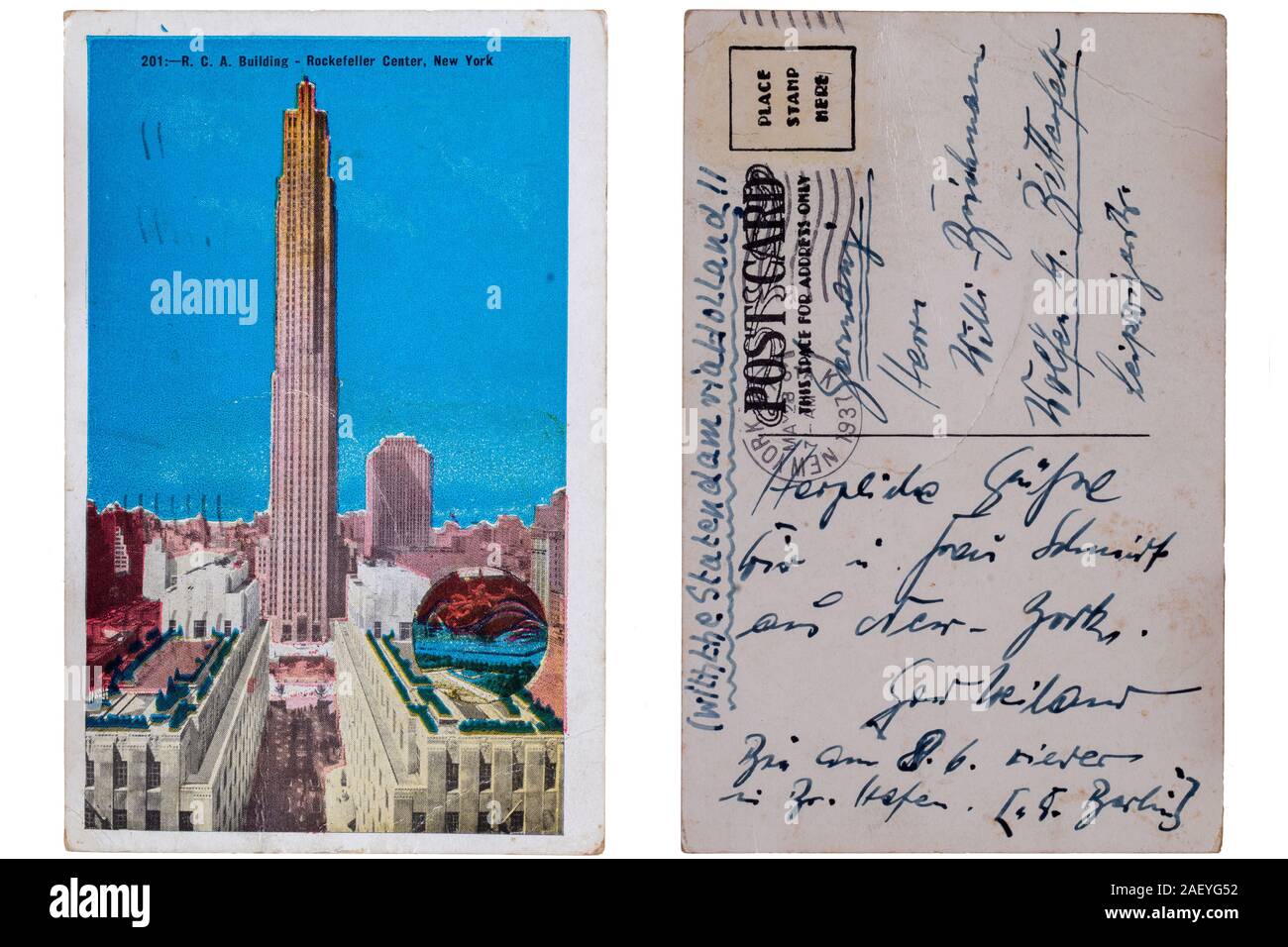 Carte postale vintage. Carte postale colorée de l'A.R.C. Bâtiment, Rockefeller Center, New York à partir de 1937, qui a été envoyé avec le Statendam (regarder en arrière si Banque D'Images